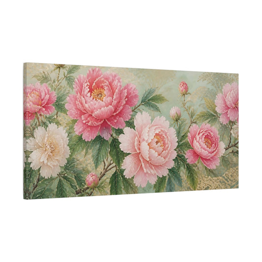 Main Mockup. Floral Peonies Pink Peonies Gold shown as stretched canvas wall art
