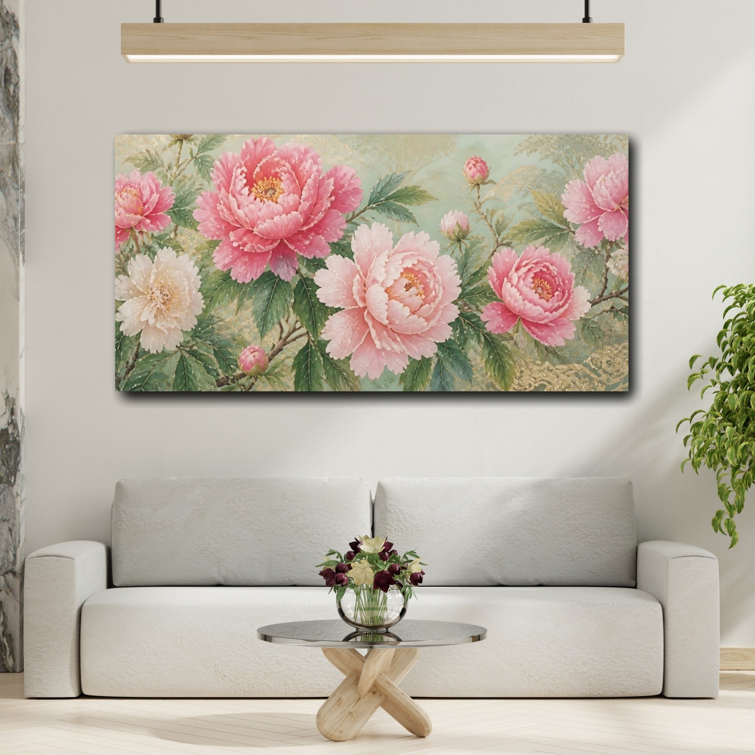 Mockup 2. Floral Peonies Pink Peonies Gold shown as stretched canvas wall art