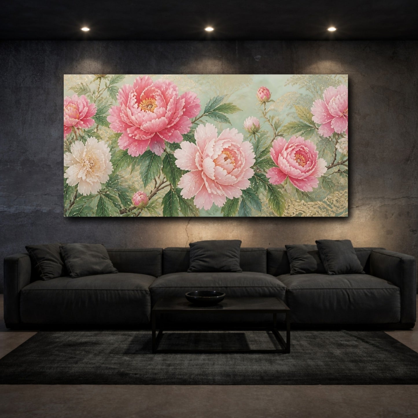 Mockup 3. Floral Peonies Pink Peonies Gold shown as stretched canvas wall art
