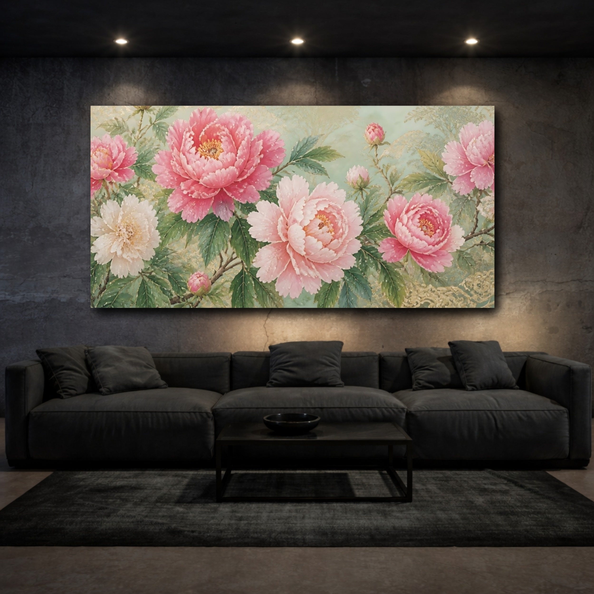 Mockup 3. Floral Peonies Pink Peonies Gold shown as stretched canvas wall art