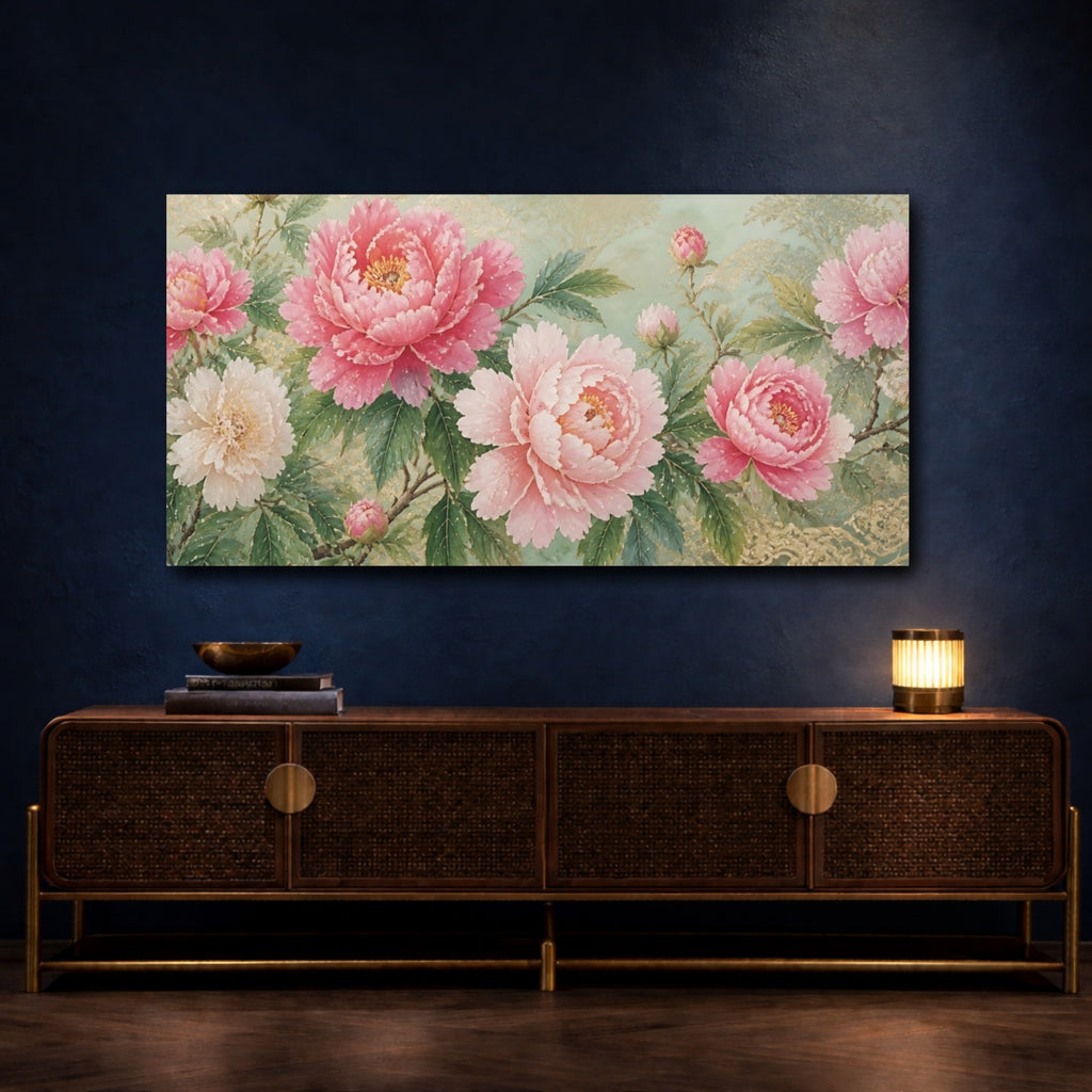 Mockup 4. Floral Peonies Pink Peonies Gold shown as stretched canvas wall art