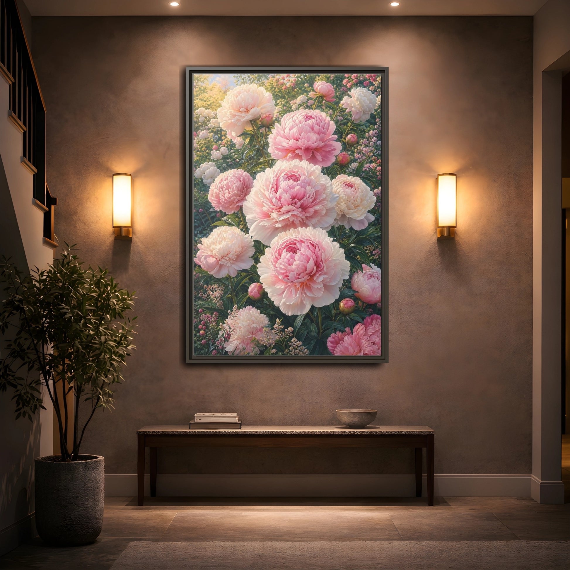 Floral Peonies Pink Framed Canvas Wall Art - Living Room, Above Console Table shown as canvas wall art