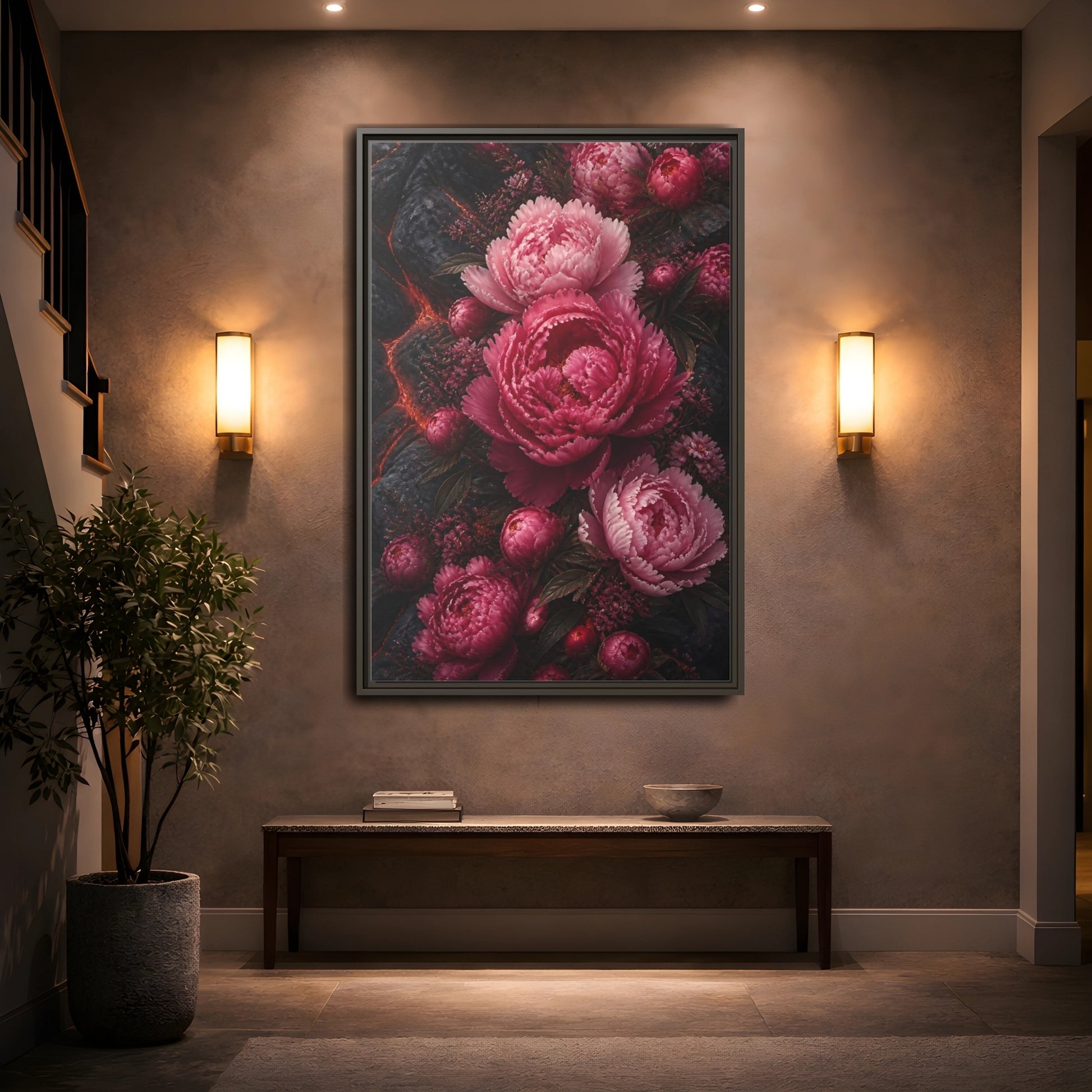 Mockup 2. Floral Peonies Pink Peonies shown as stretched canvas wall art