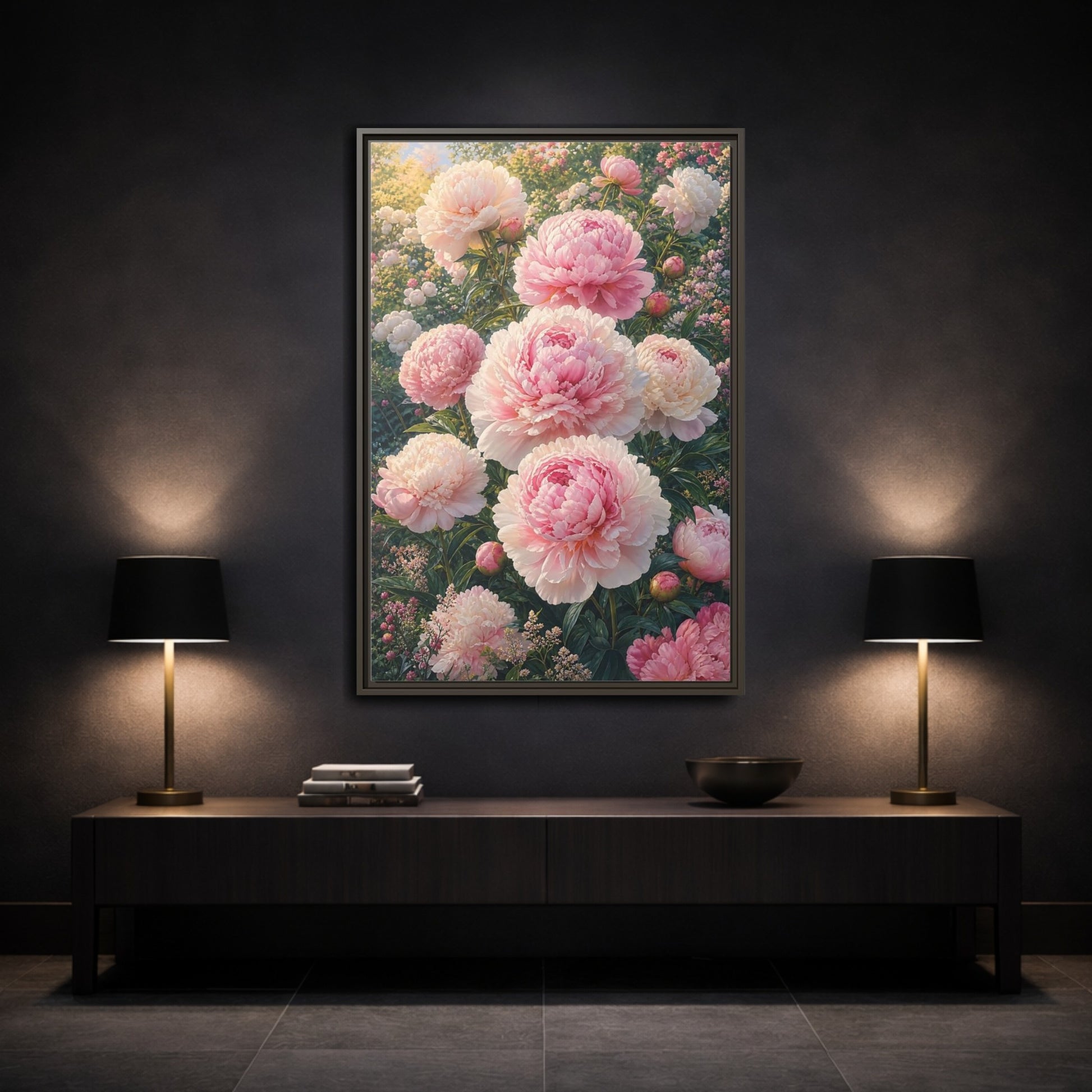 Floral Peonies Pink Framed Canvas Wall Art - Living Room, Above Console Table shown as canvas wall art
