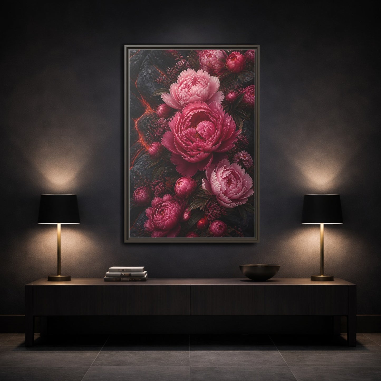 Mockup 3. Floral Peonies Pink Peonies shown as stretched canvas wall art