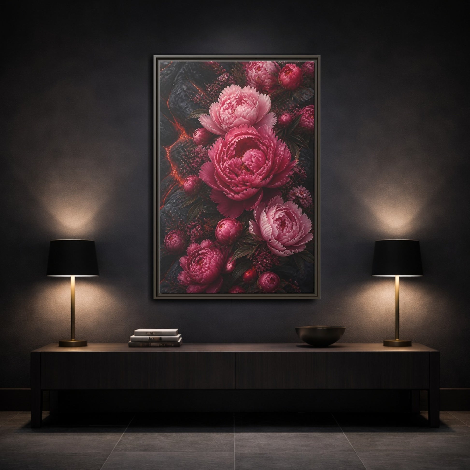 Mockup 3. Floral Peonies Pink Peonies shown as stretched canvas wall art