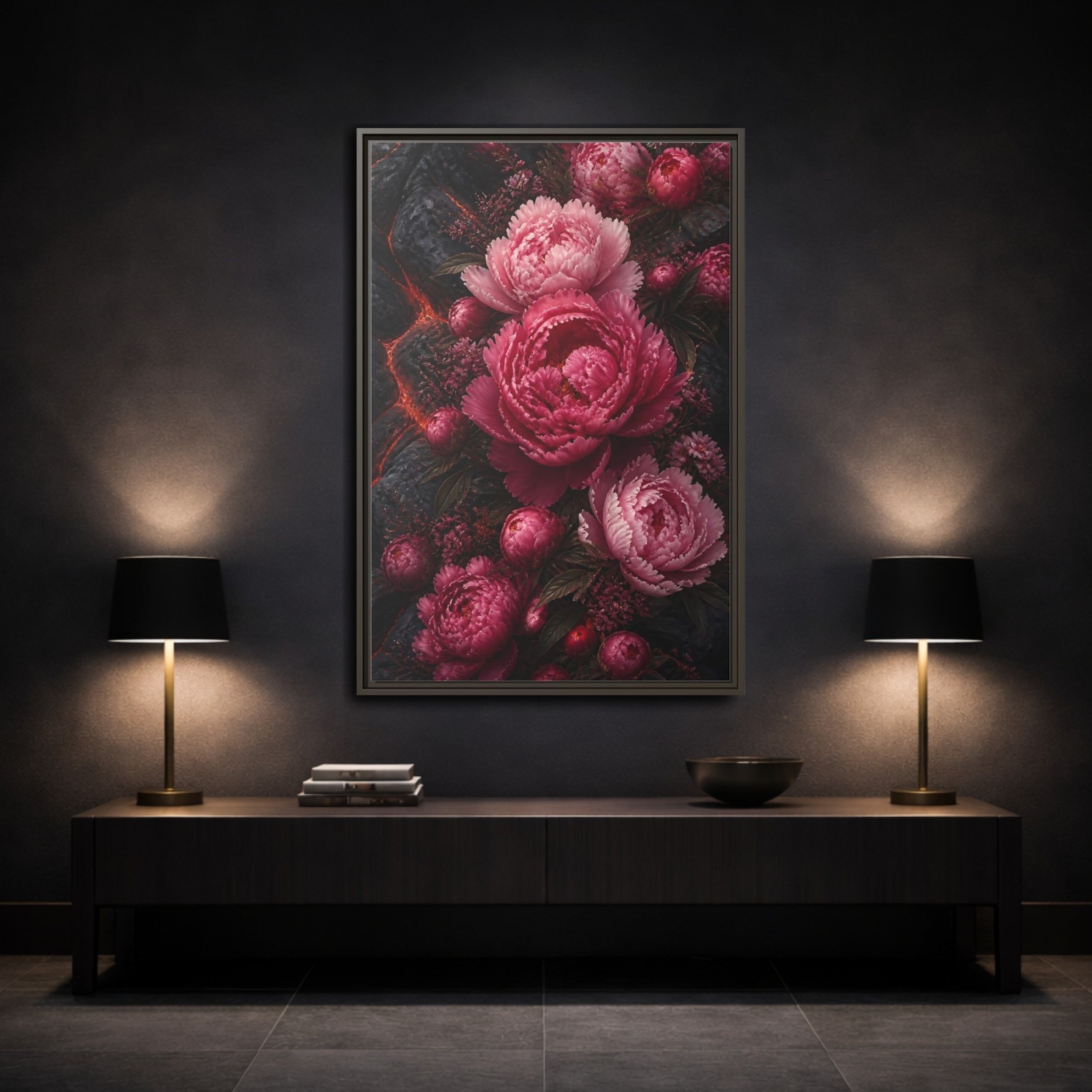 Mockup 3. Floral Peonies Pink Peonies shown as stretched canvas wall art