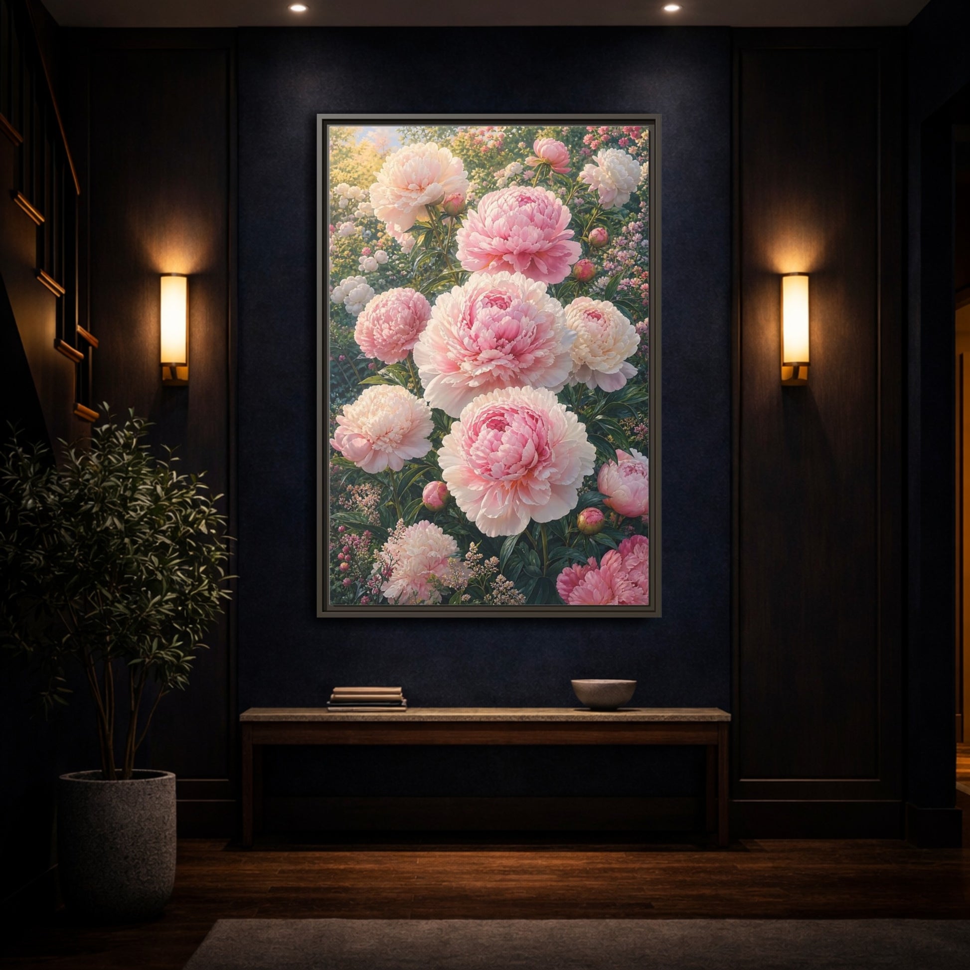 Floral Peonies Pink Framed Canvas Wall Art - Living Room, Above Console Table shown as canvas wall art