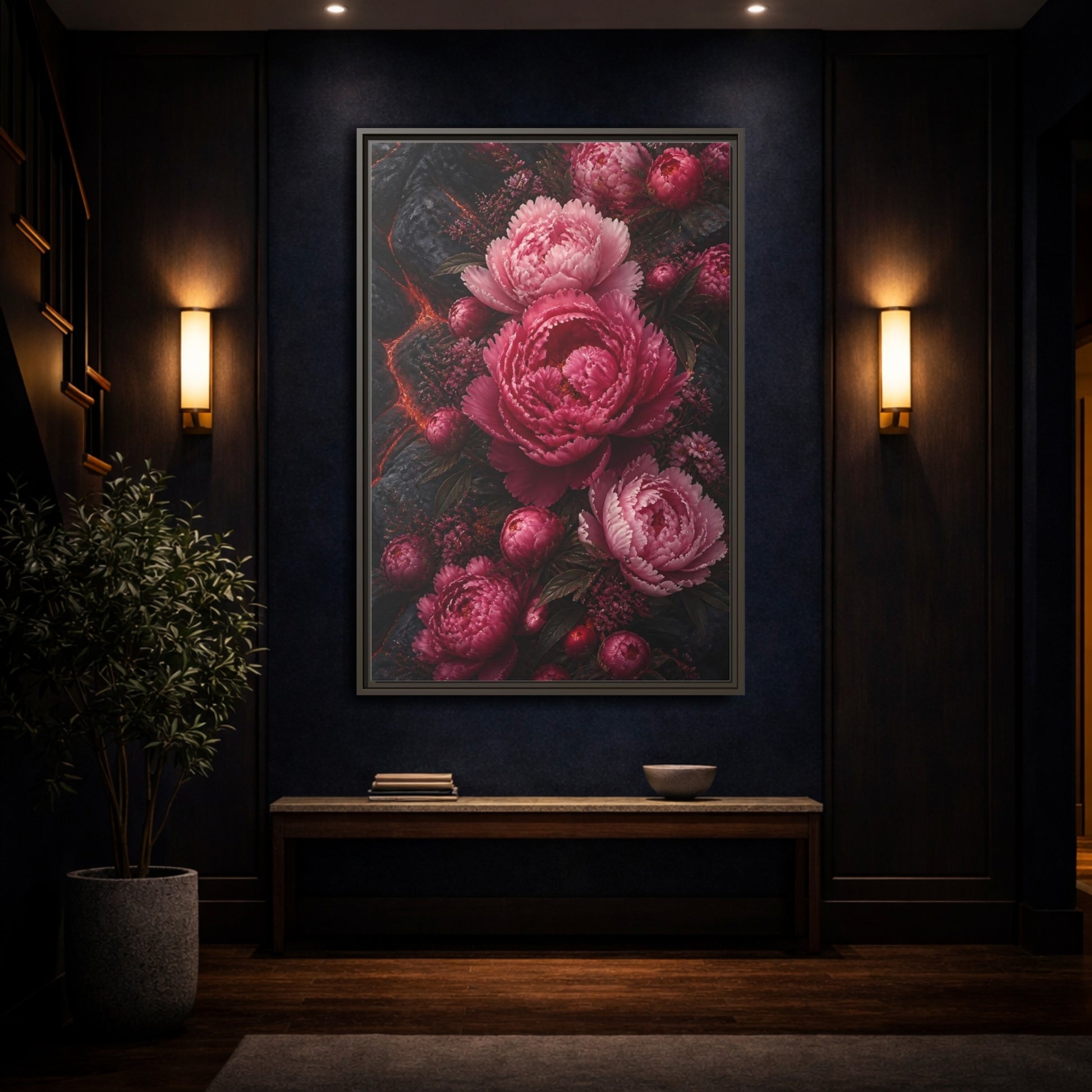 Mockup 4. Floral Peonies Pink Peonies shown as stretched canvas wall art