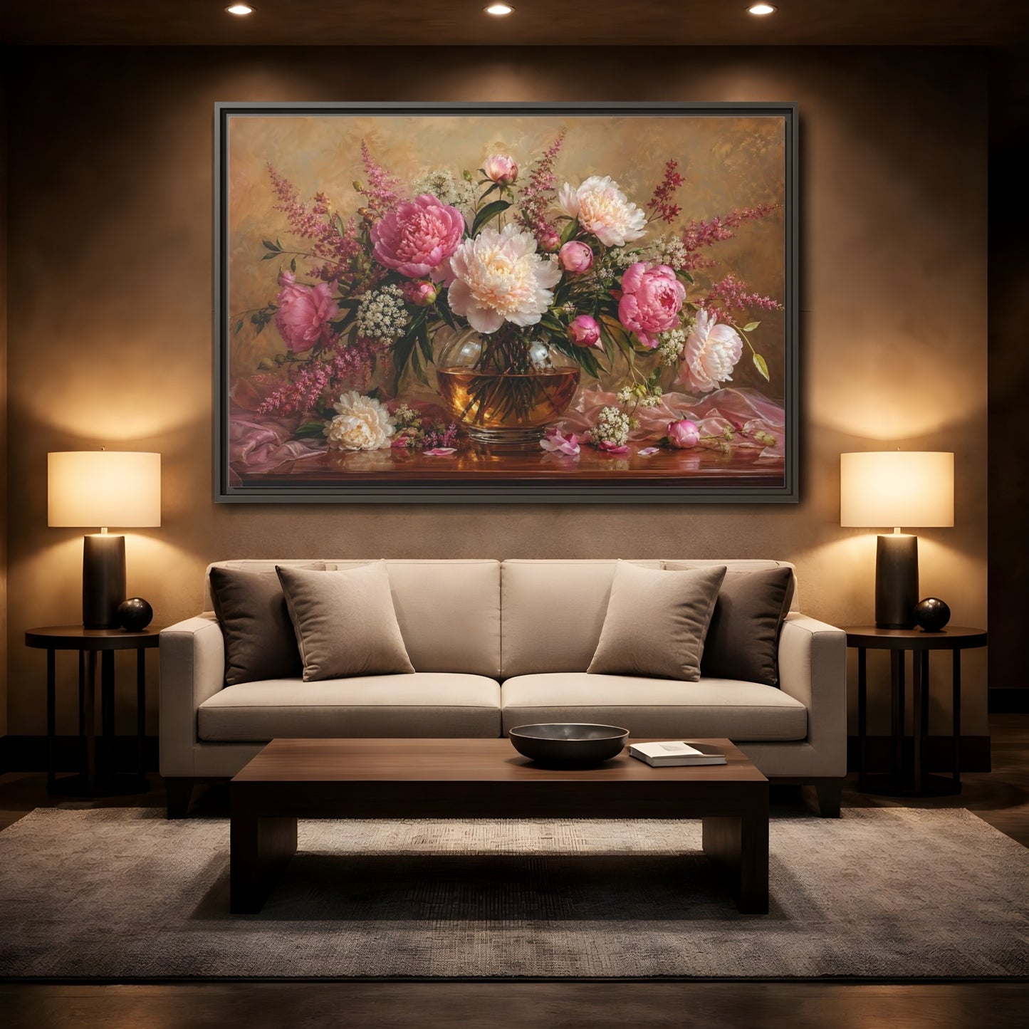 Mockup 2. Floral Peonies Pink Peony Bouquet shown as stretched canvas wall art