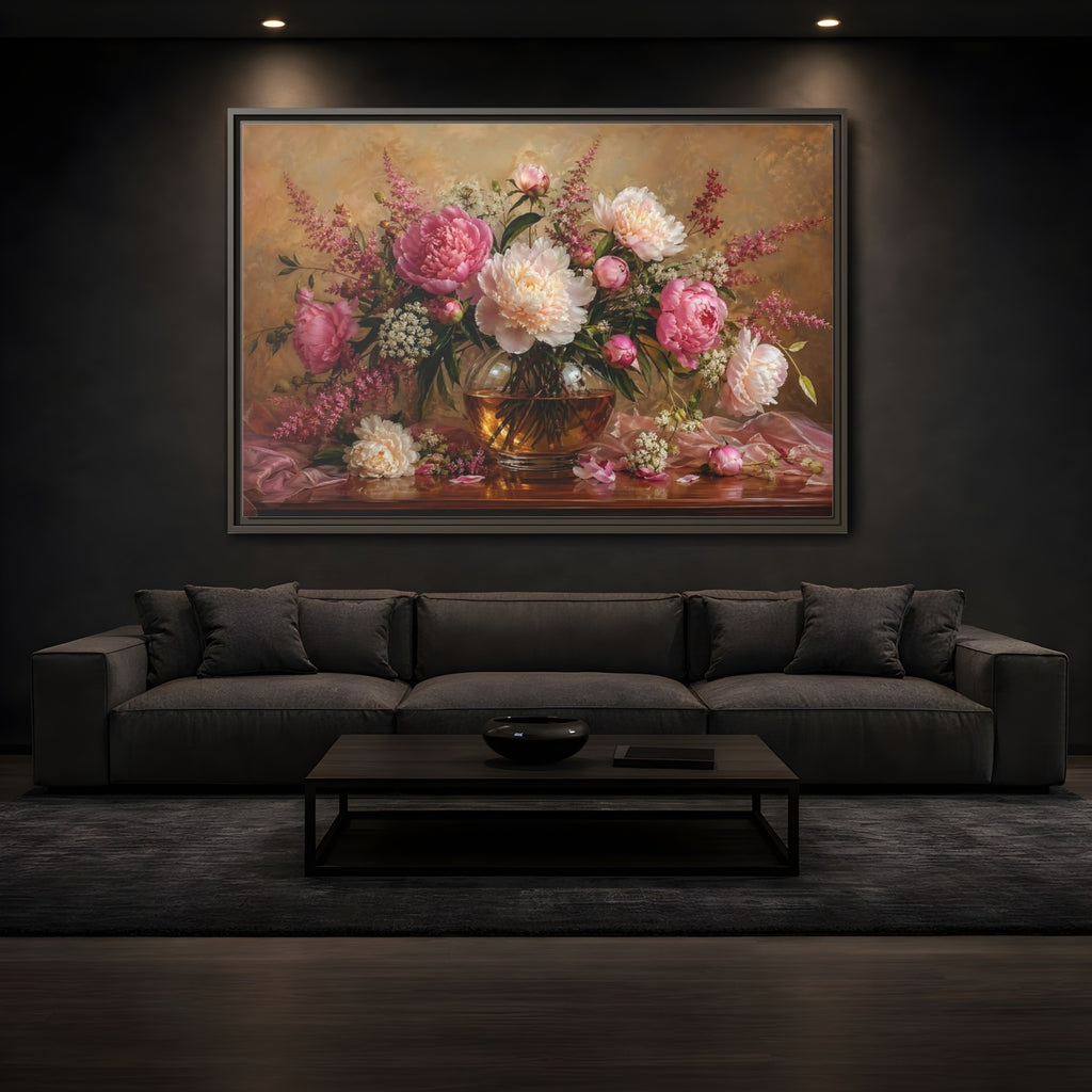 Mockup 3. Floral Peonies Pink Peony Bouquet shown as stretched canvas wall art