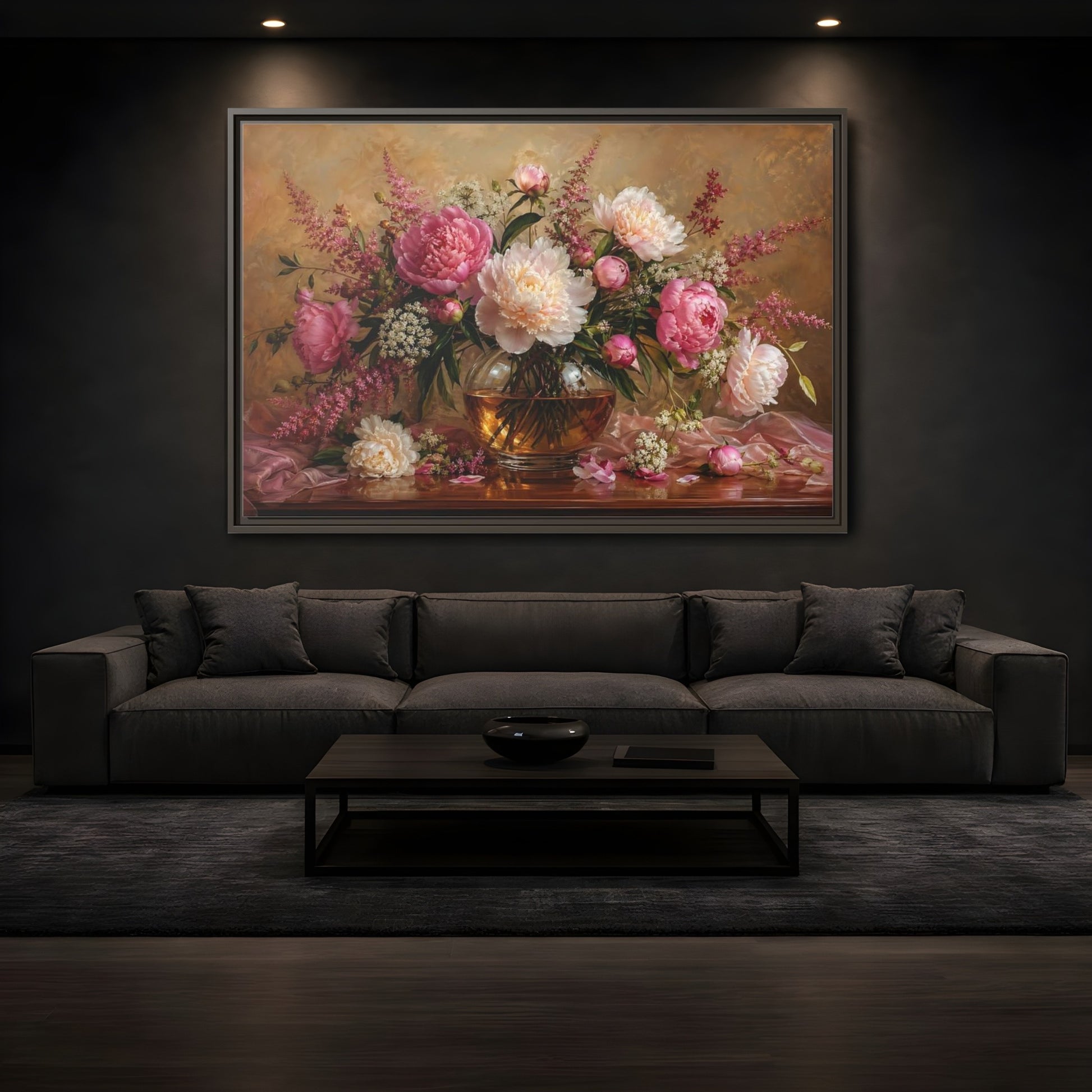 Mockup 3. Floral Peonies Pink Peony Bouquet shown as stretched canvas wall art