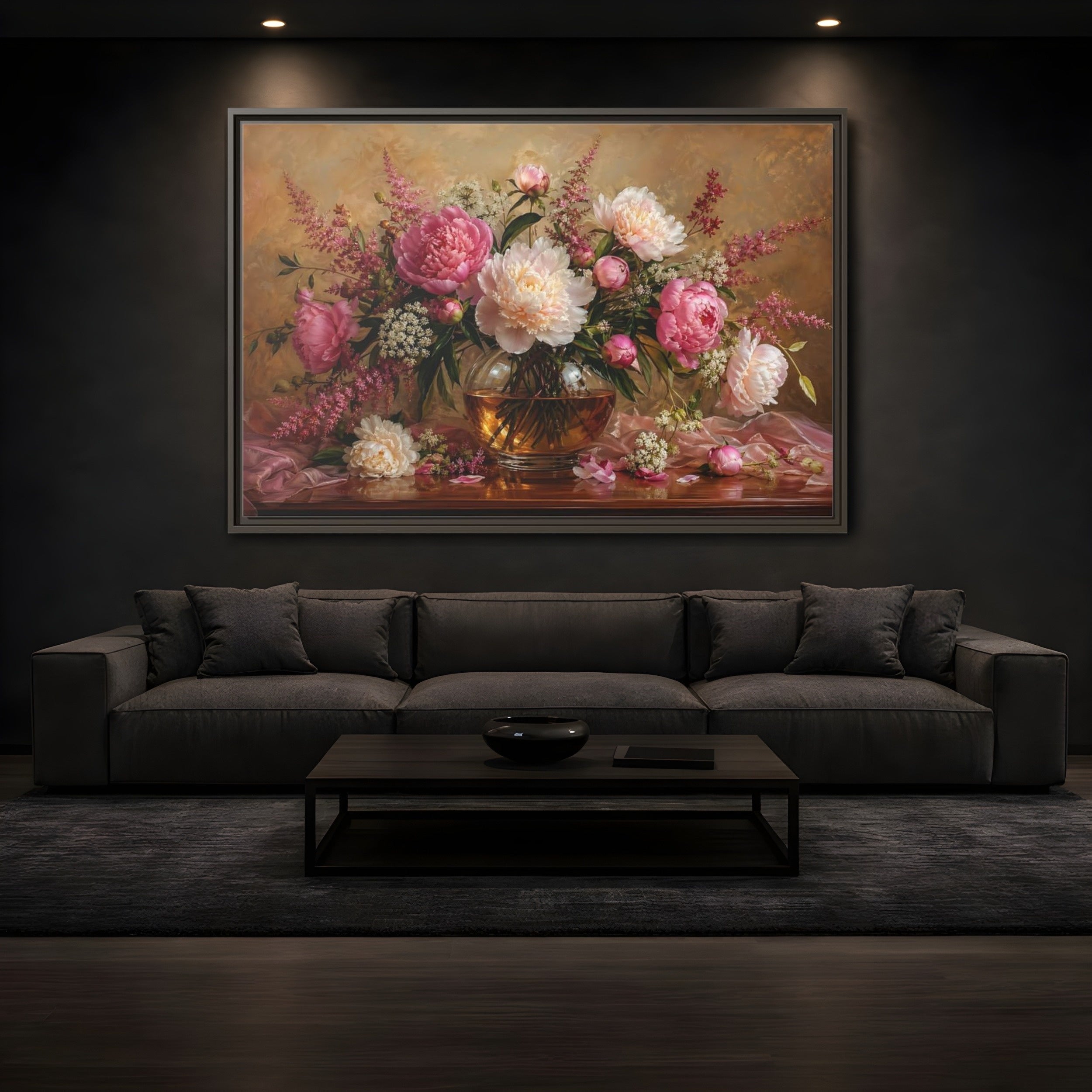 Mockup 3. Floral Peonies Pink Peony Bouquet shown as stretched canvas wall art