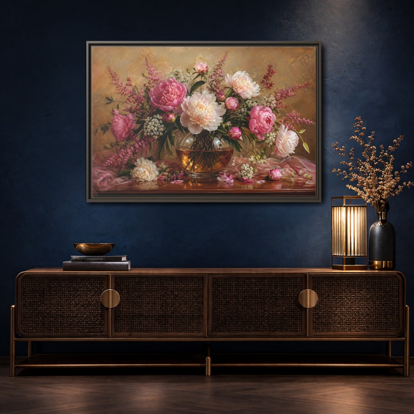 Mockup 4. Floral Peonies Pink Peony Bouquet shown as stretched canvas wall art