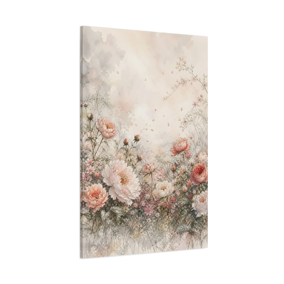 Side Mockup 1. Floral Peonies Pink Floral Watercolor shown as stretched canvas wall art