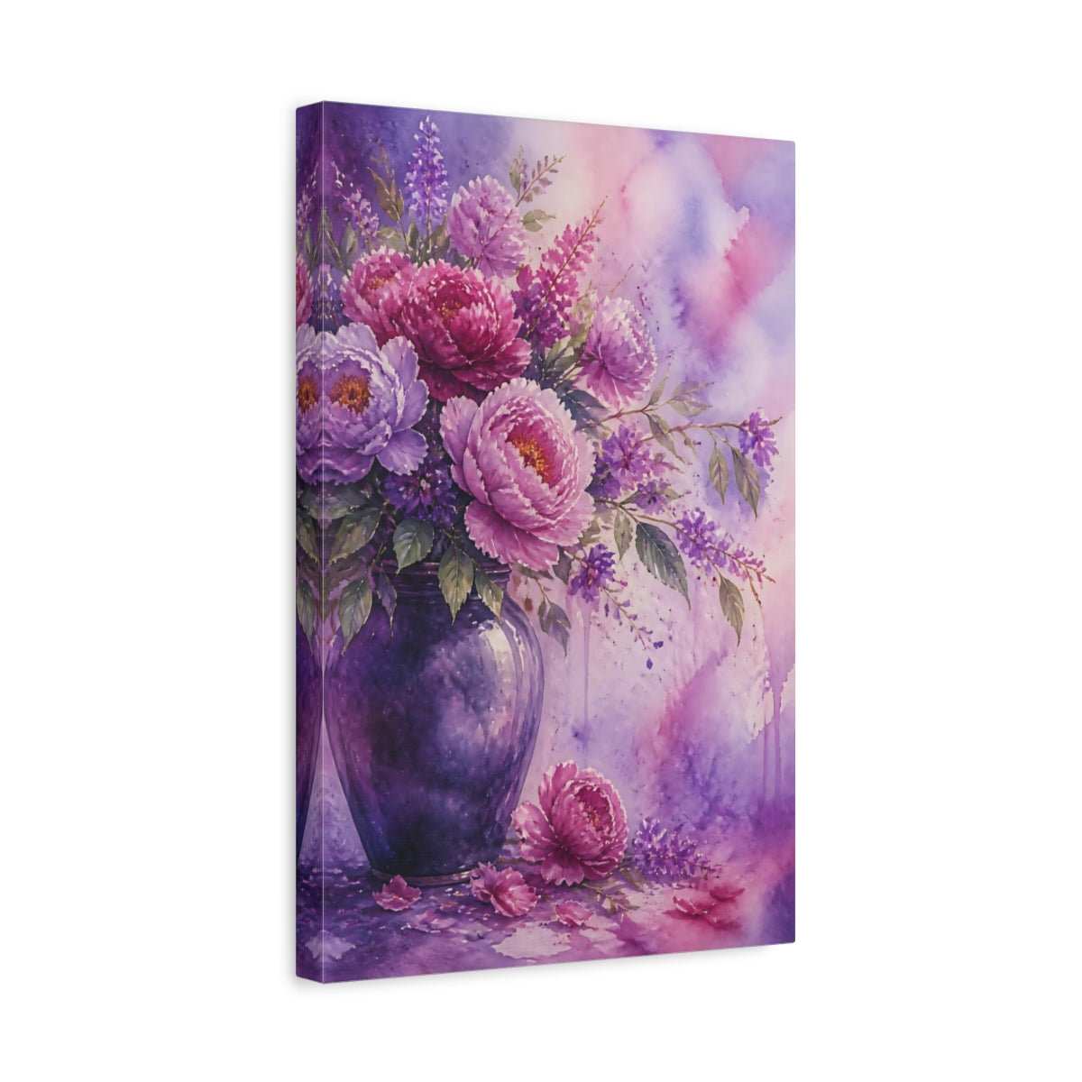 Side Mockup 4. Floral Peonies Purple Floral shown as stretched canvas wall art