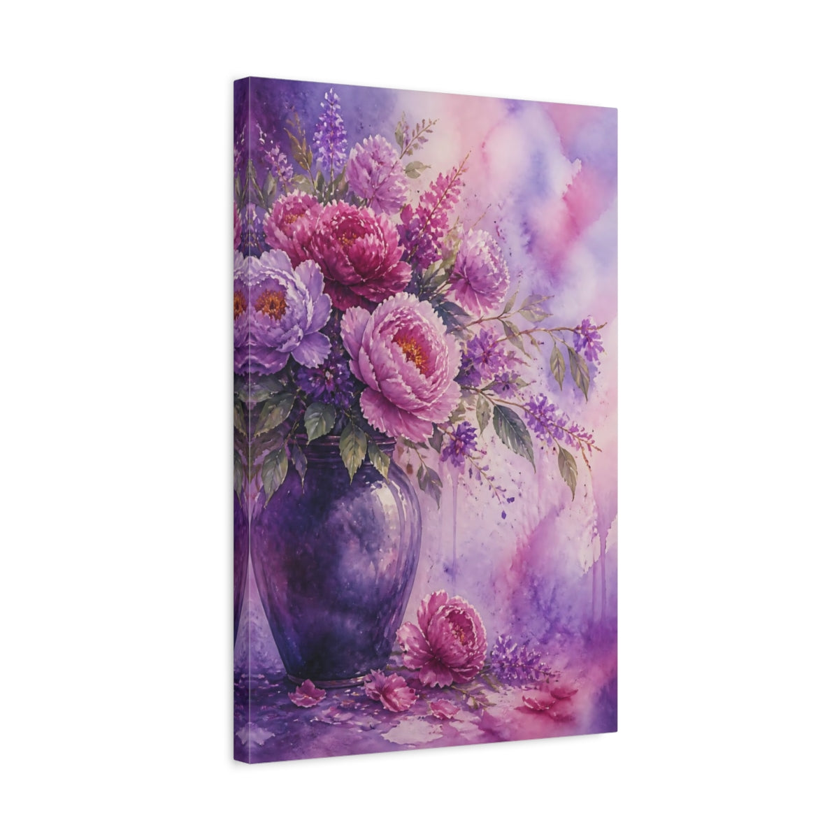 Side Mockup 3. Floral Peonies Purple Floral shown as stretched canvas wall art