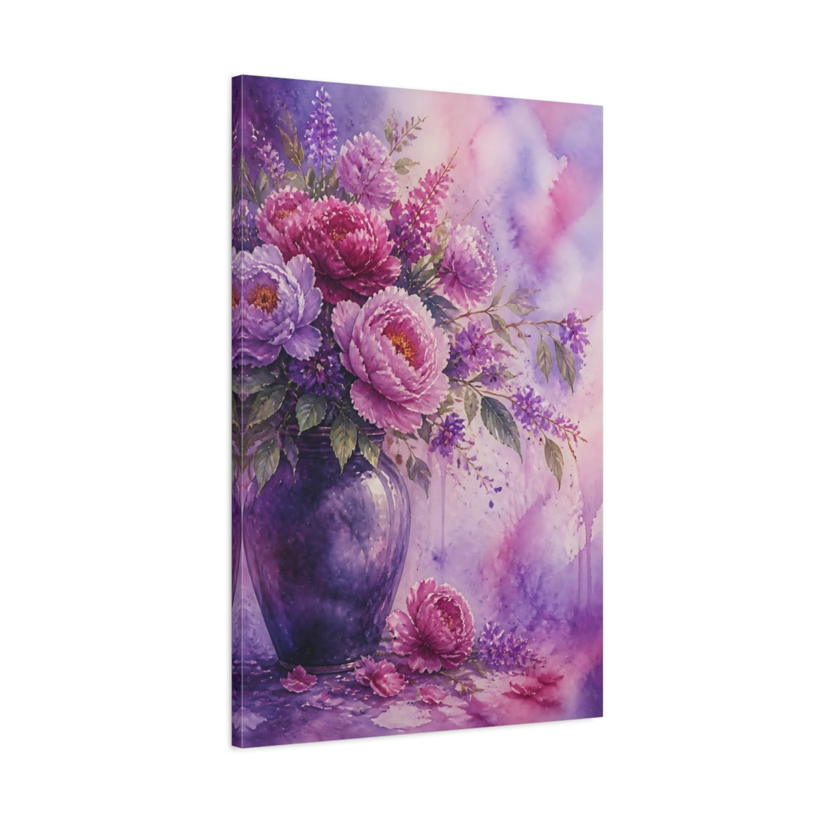 Main Mockup. Floral Peonies Purple Floral shown as stretched canvas wall art