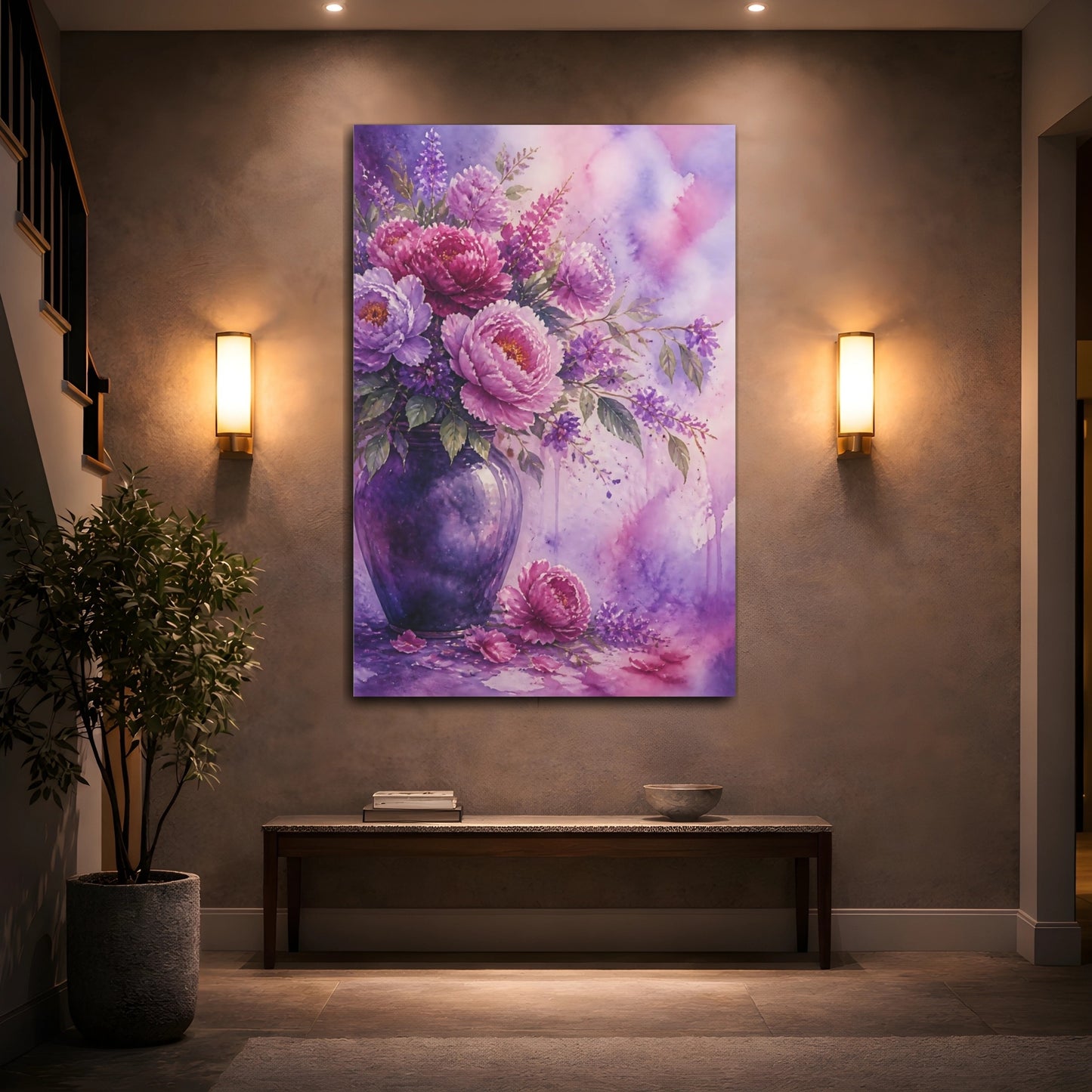 Mockup 2. Floral Peonies Purple Floral shown as stretched canvas wall art