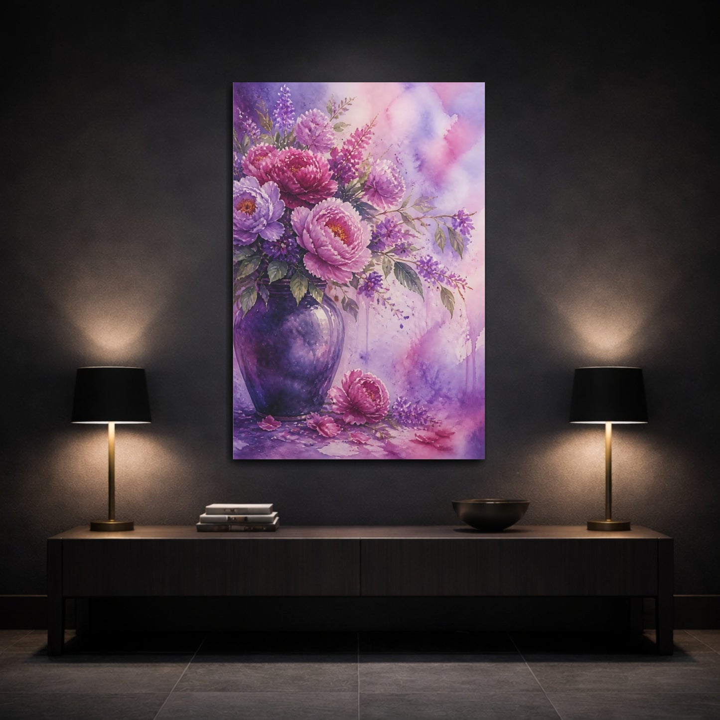 Mockup 3. Floral Peonies Purple Floral shown as stretched canvas wall art