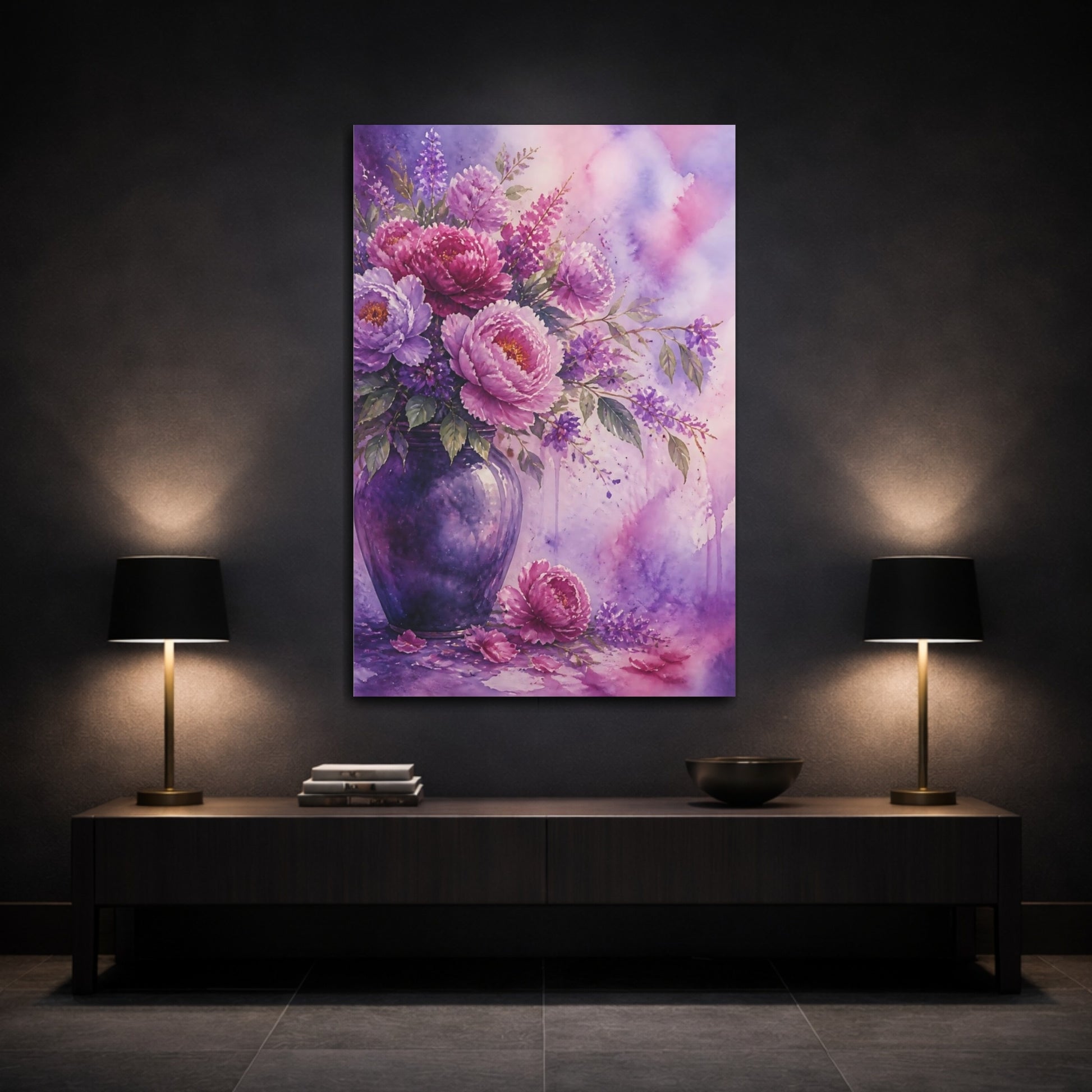 Mockup 3. Floral Peonies Purple Floral shown as stretched canvas wall art
