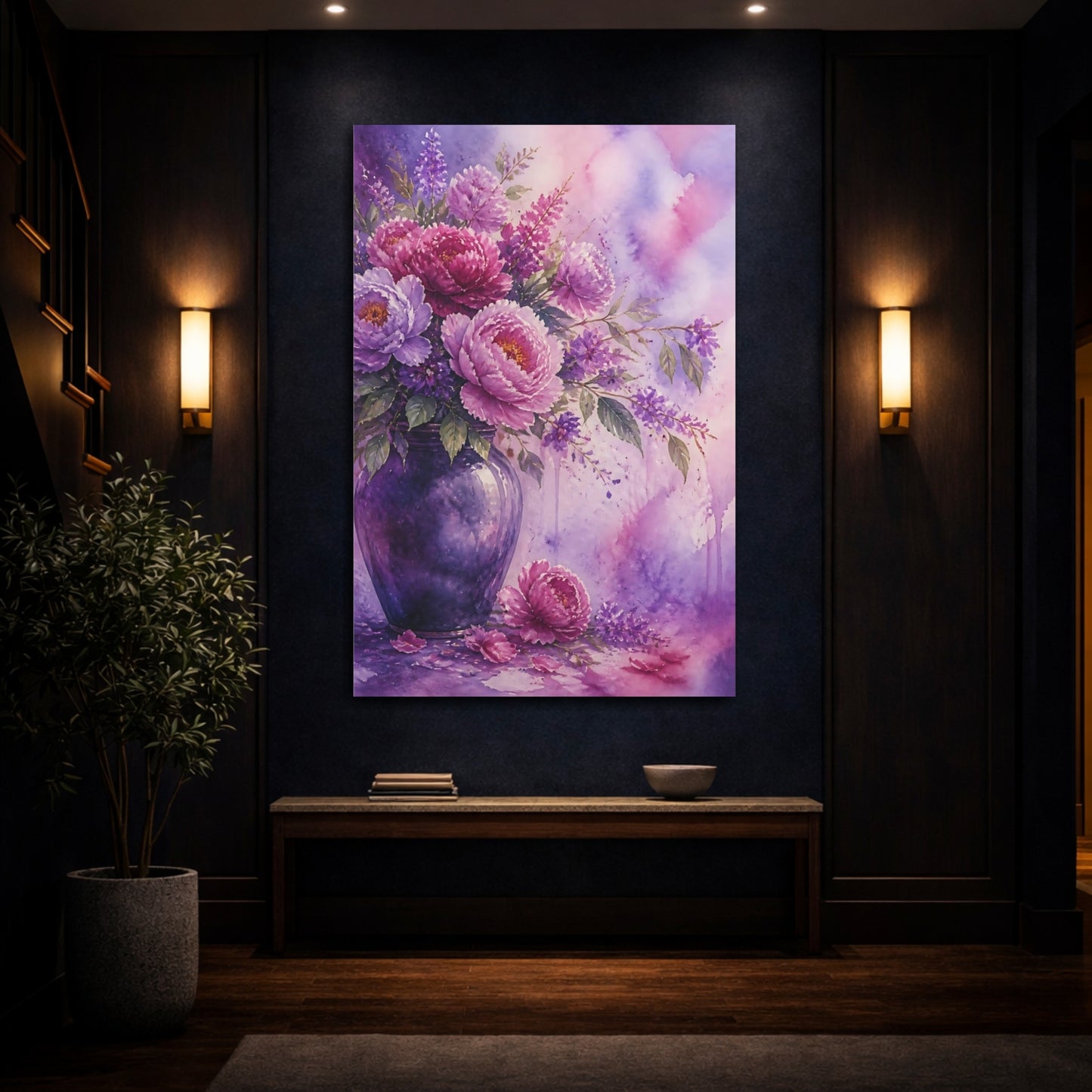 Mockup 4. Floral Peonies Purple Floral shown as stretched canvas wall art
