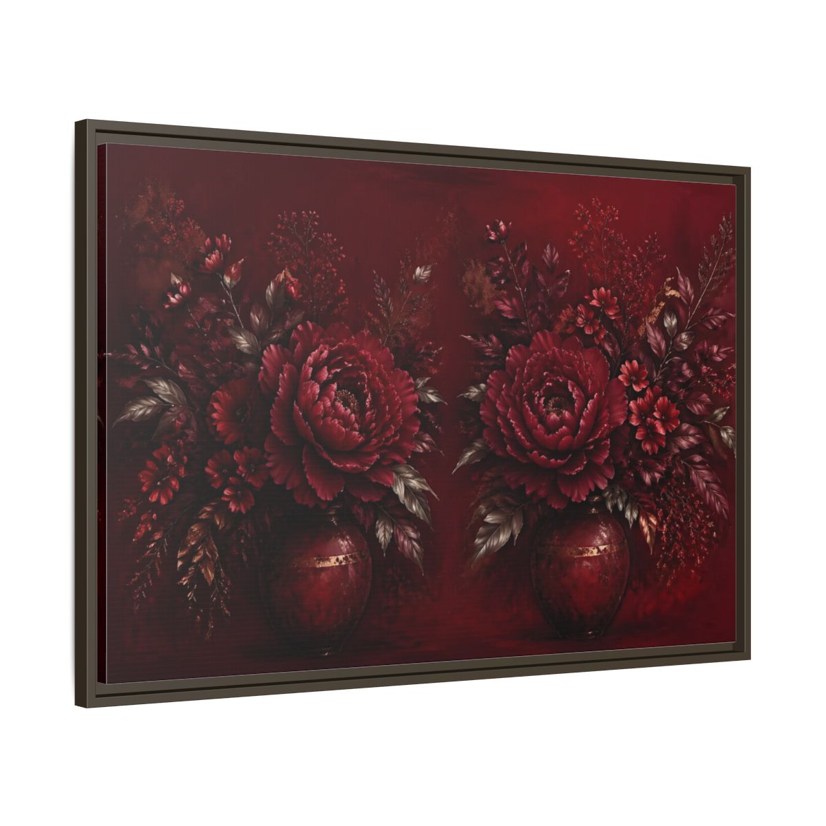 Main Mockup. Floral Peonies Red And Gold shown as stretched canvas wall art