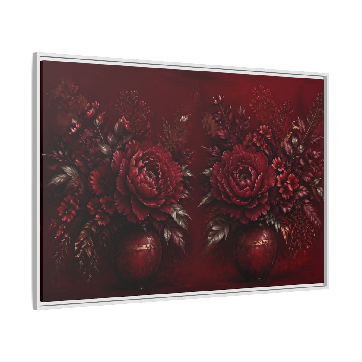 Side Mockup 7. Floral Peonies Red And Gold shown as stretched canvas wall art