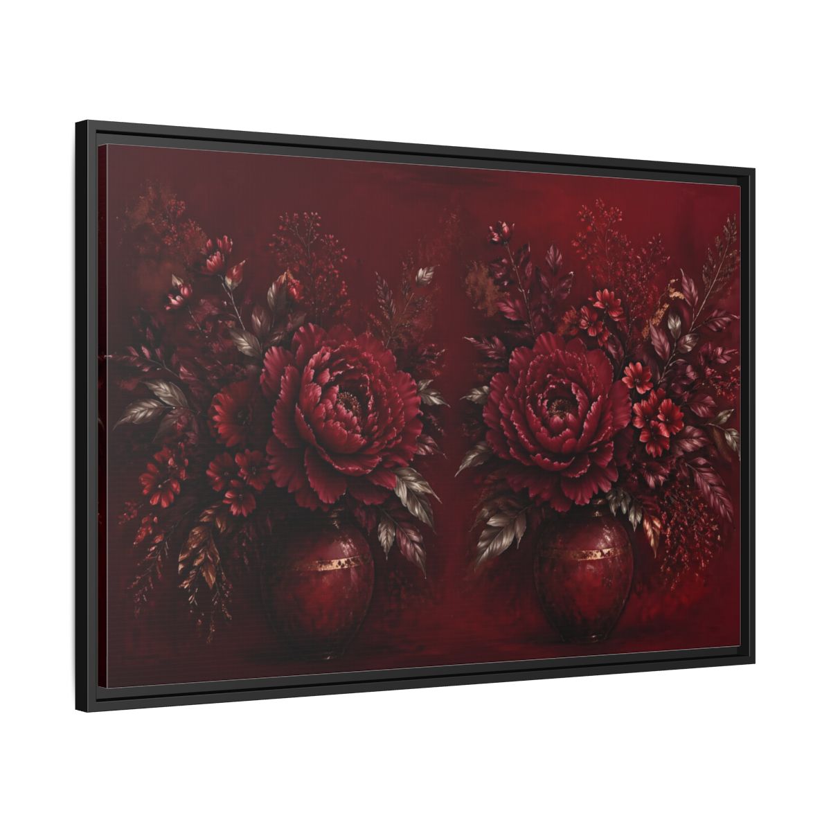 Side Mockup 13. Floral Peonies Red And Gold shown as stretched canvas wall art