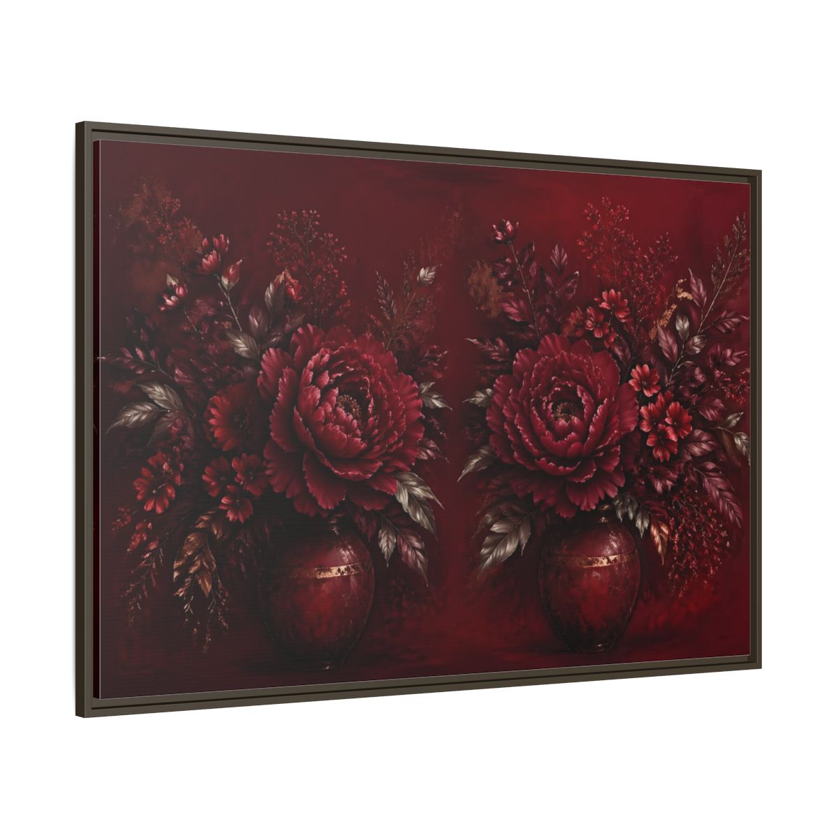 Side Mockup 8. Floral Peonies Red And Gold shown as stretched canvas wall art