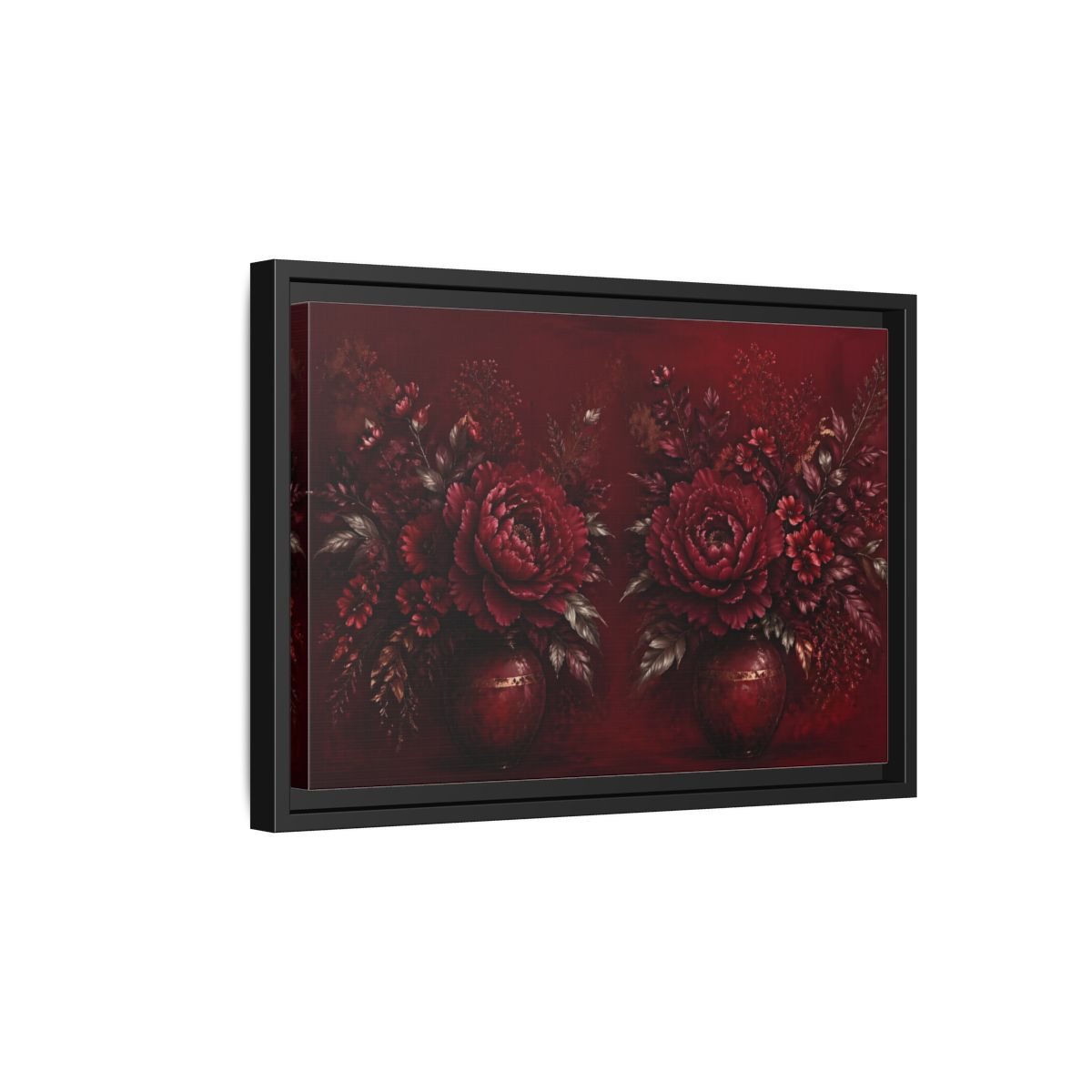 Side Mockup 6. Floral Peonies Red And Gold shown as stretched canvas wall art