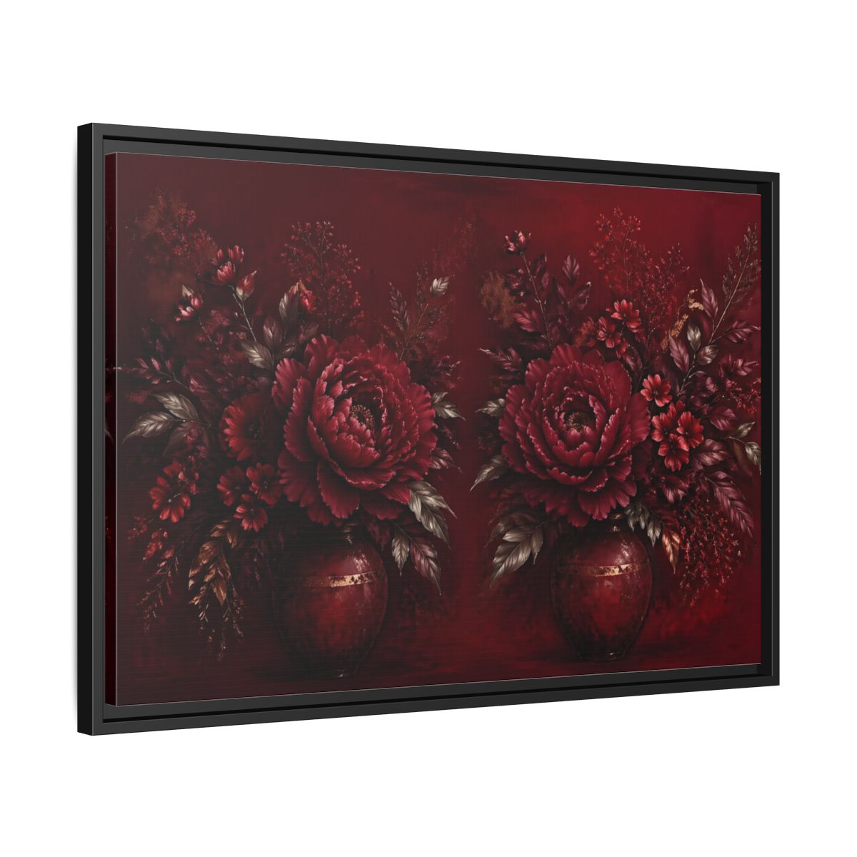 Side Mockup 14. Floral Peonies Red And Gold shown as stretched canvas wall art