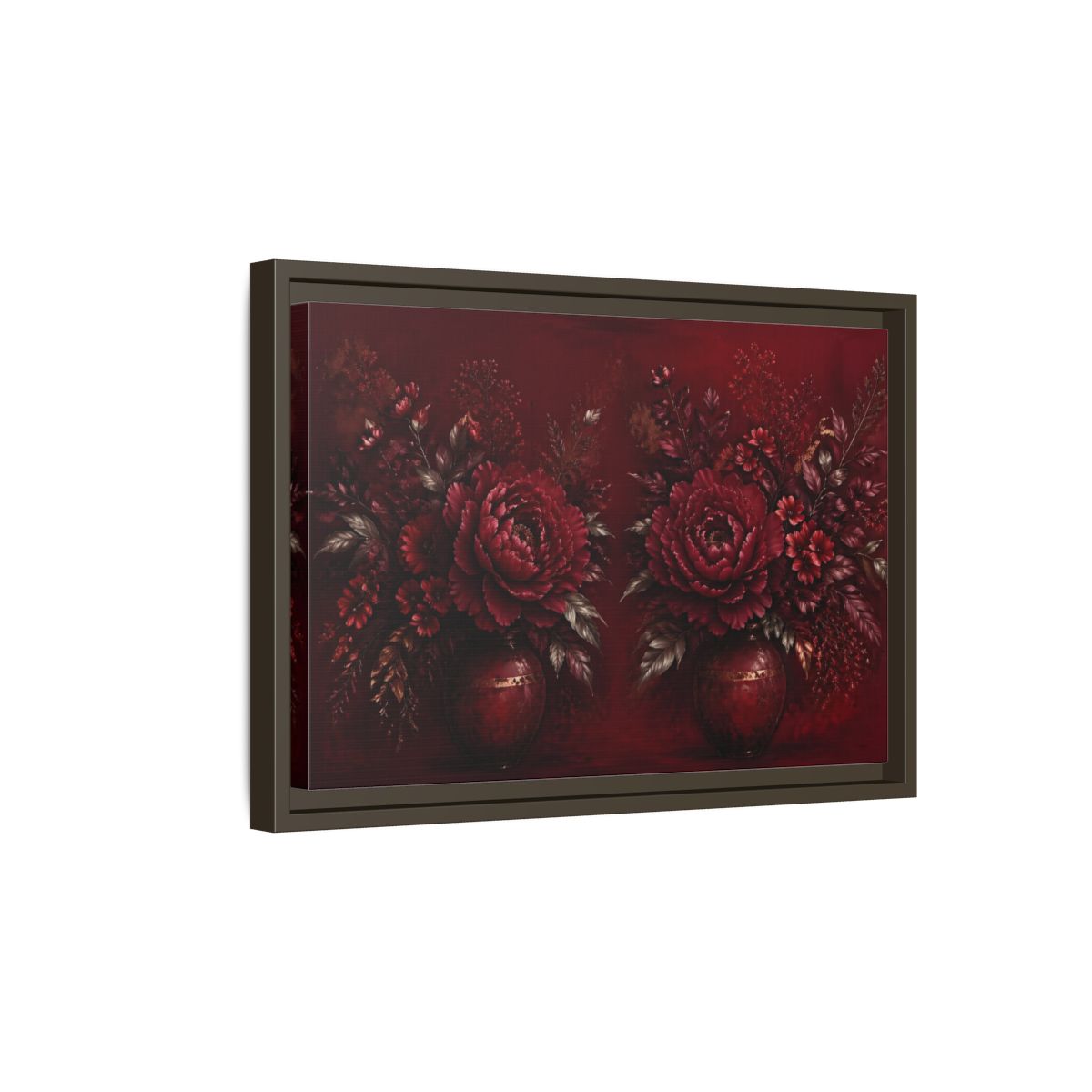 Side Mockup 5. Floral Peonies Red And Gold shown as stretched canvas wall art