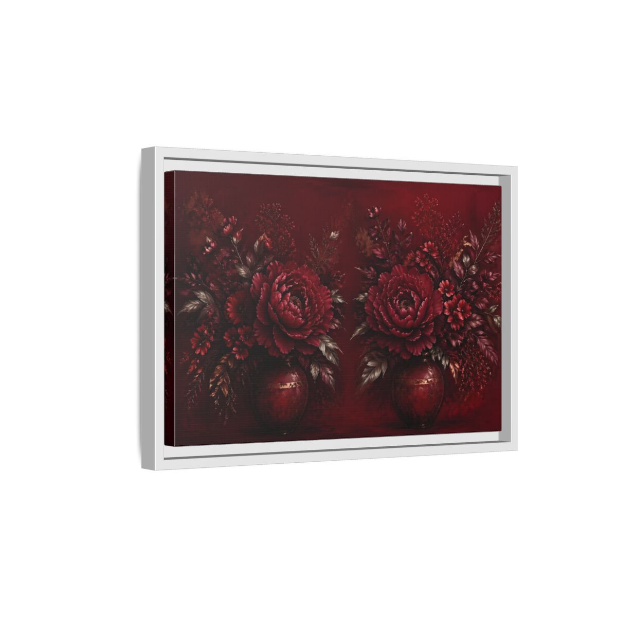 Side Mockup 4. Floral Peonies Red And Gold shown as stretched canvas wall art