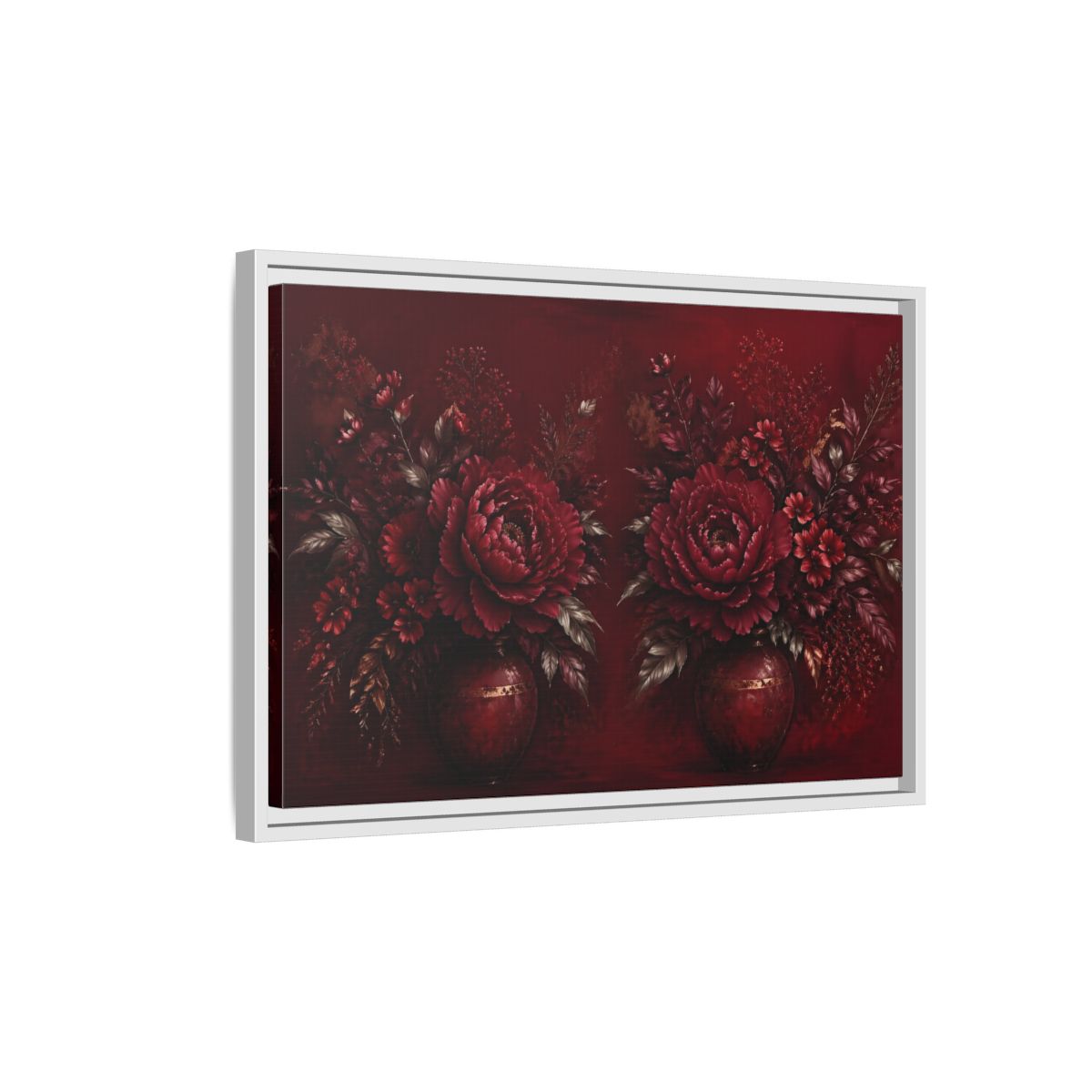 Side Mockup 1. Floral Peonies Red And Gold shown as stretched canvas wall art
