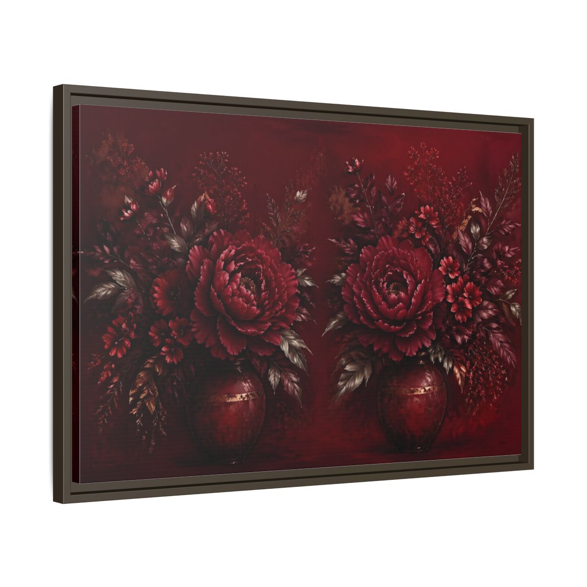 Side Mockup 11. Floral Peonies Red And Gold shown as stretched canvas wall art