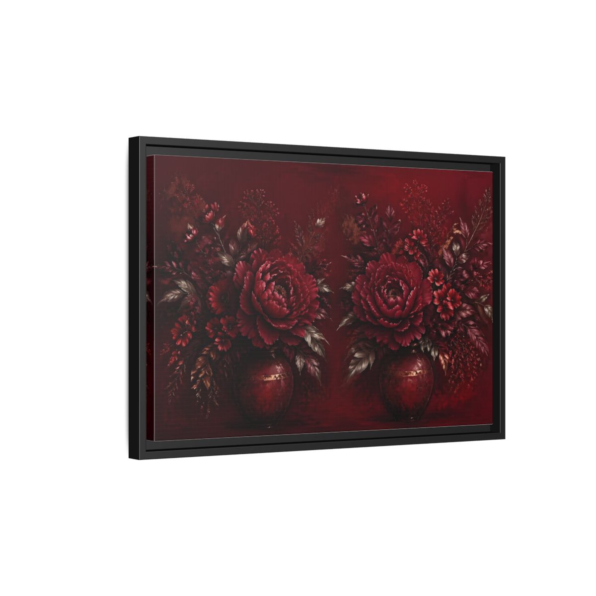Side Mockup 3. Floral Peonies Red And Gold shown as stretched canvas wall art