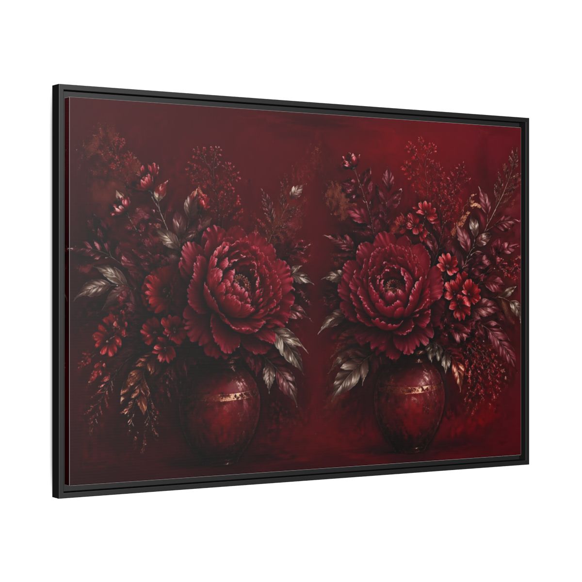 Side Mockup 12. Floral Peonies Red And Gold shown as stretched canvas wall art