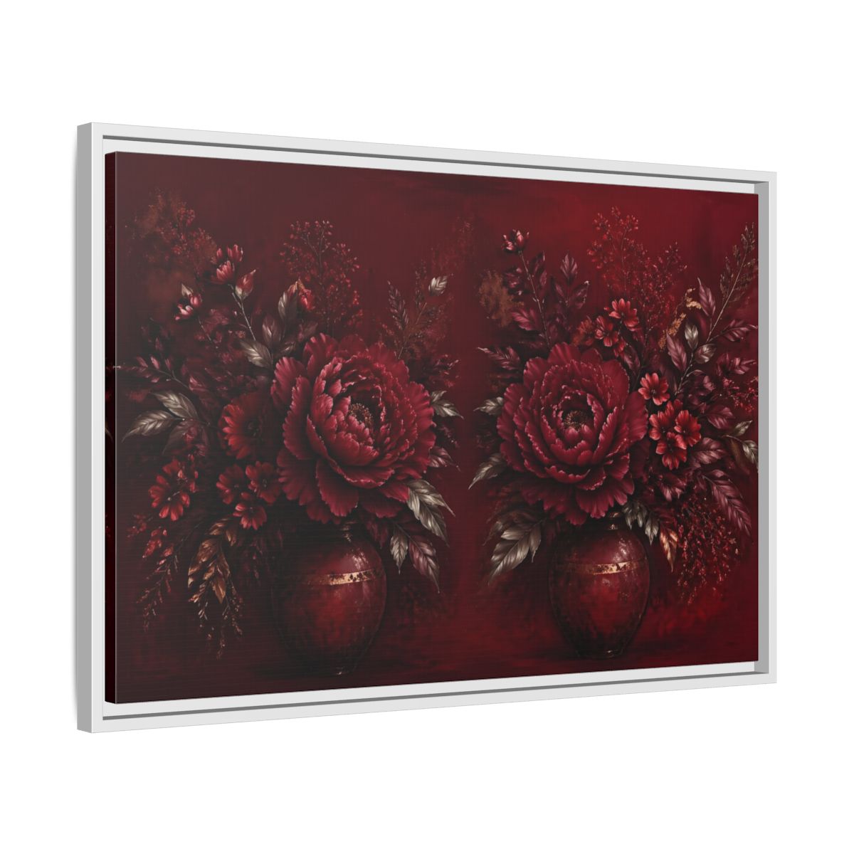 Side Mockup 10. Floral Peonies Red And Gold shown as stretched canvas wall art