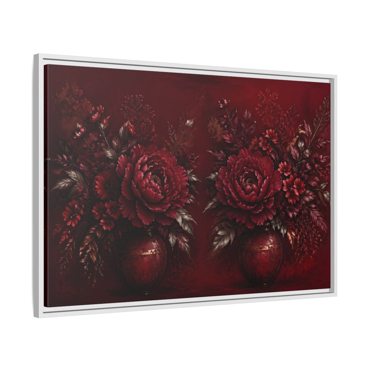Side Mockup 9. Floral Peonies Red And Gold shown as stretched canvas wall art