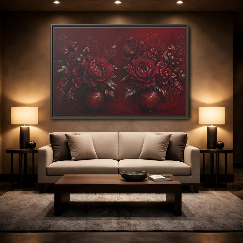 Mockup 2. Floral Peonies Red And Gold shown as stretched canvas wall art