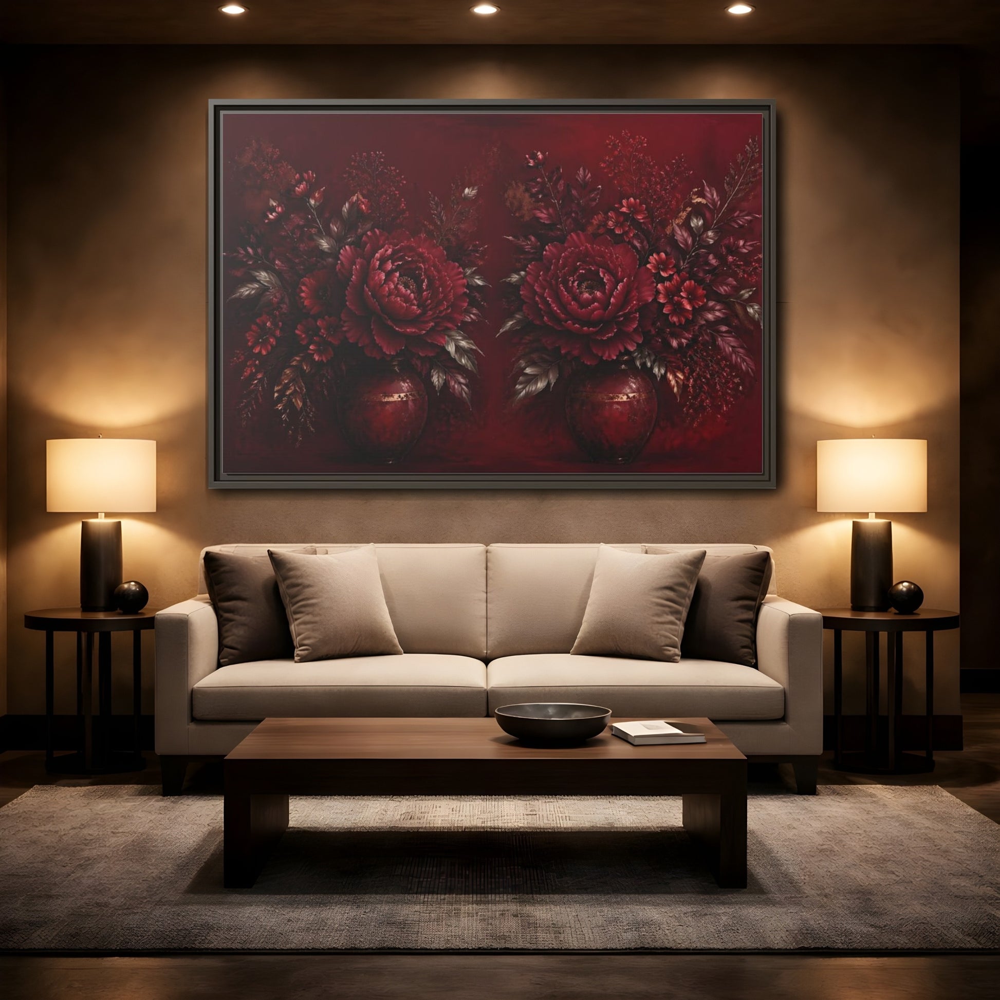 Mockup 2. Floral Peonies Red And Gold shown as stretched canvas wall art