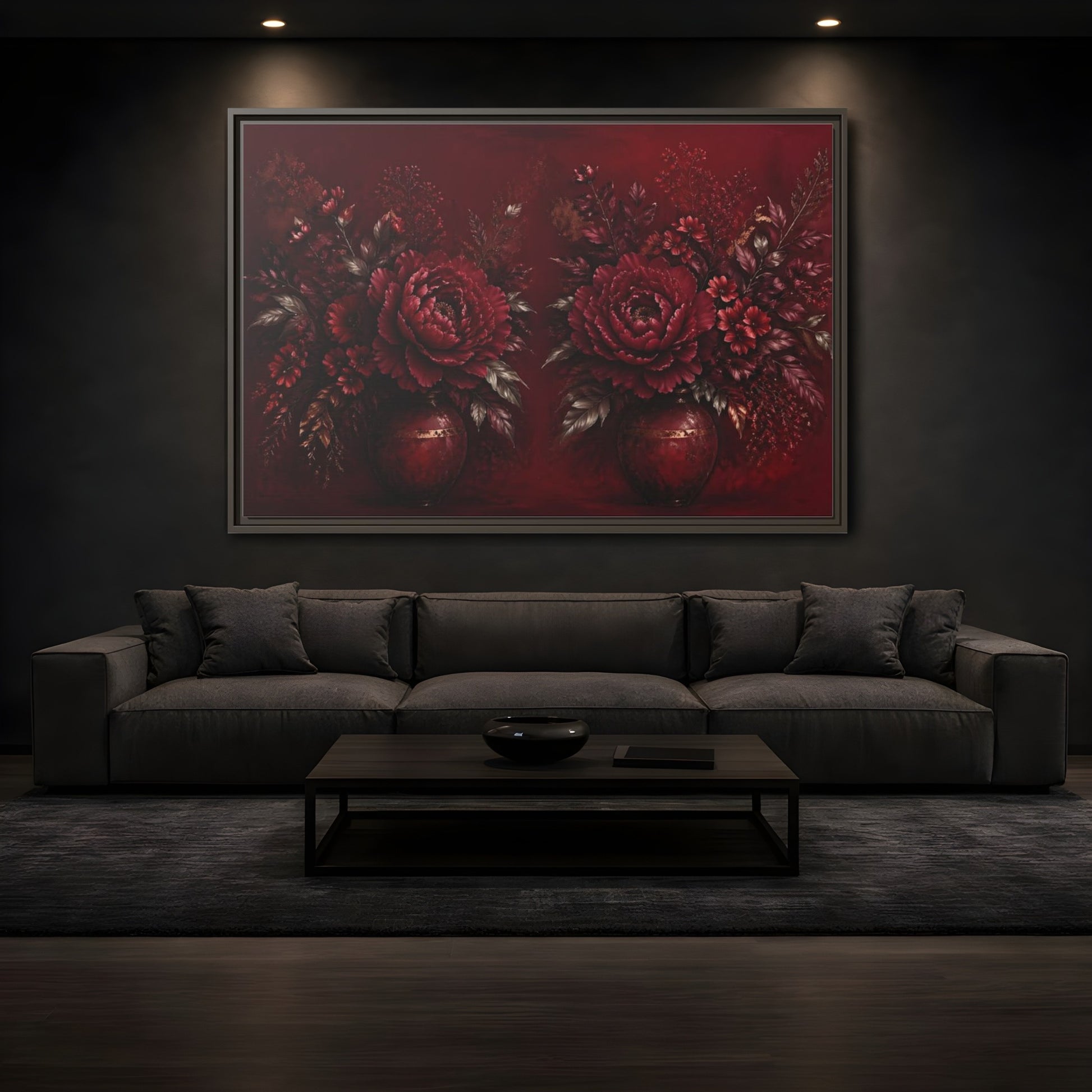Mockup 3. Floral Peonies Red And Gold shown as stretched canvas wall art