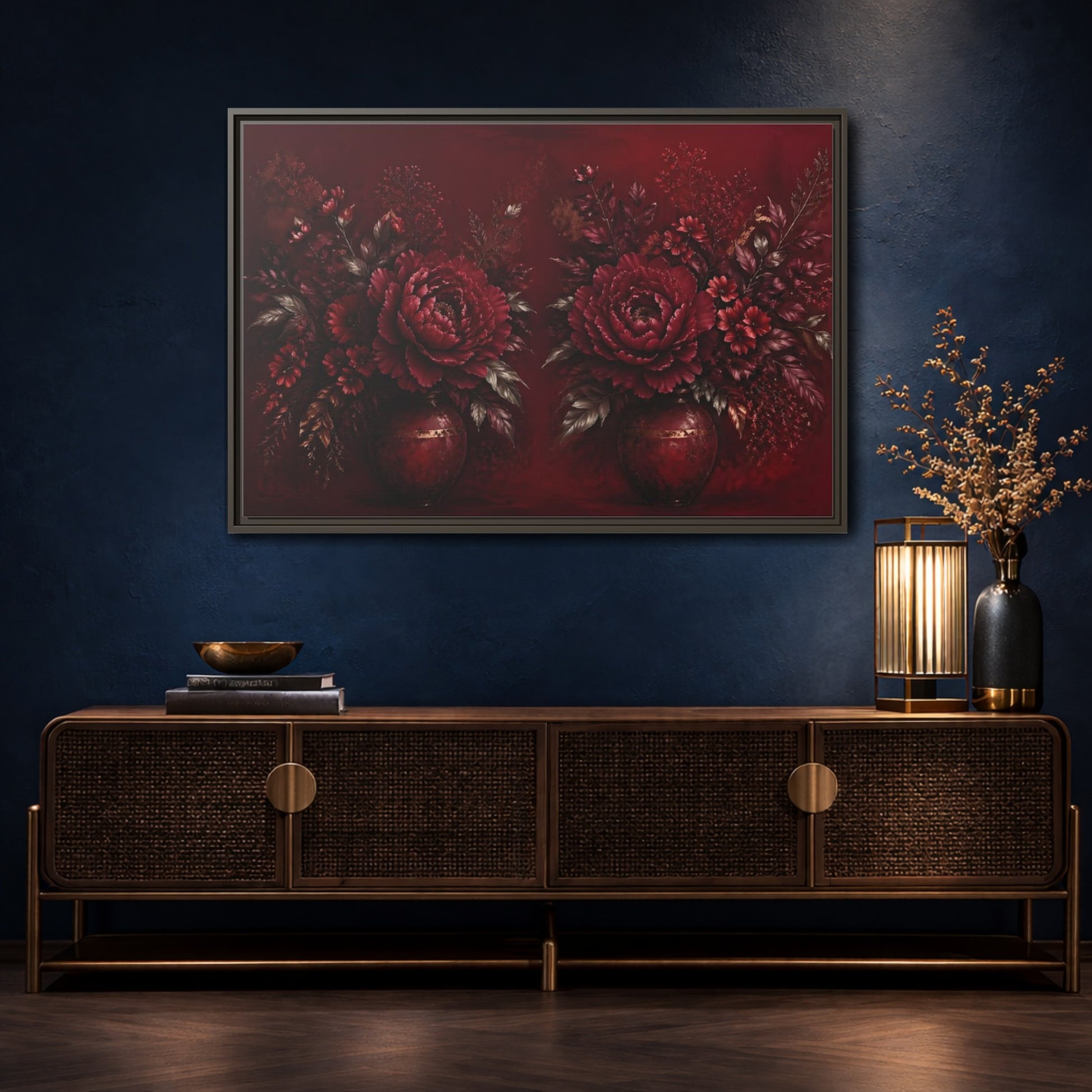 Mockup 4. Floral Peonies Red And Gold shown as stretched canvas wall art