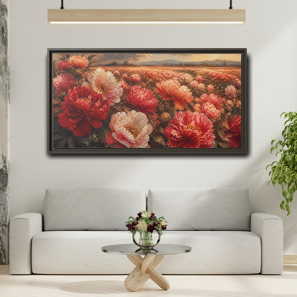 Mockup 2. Floral Peonies Red Pink Peonies shown as stretched canvas wall art