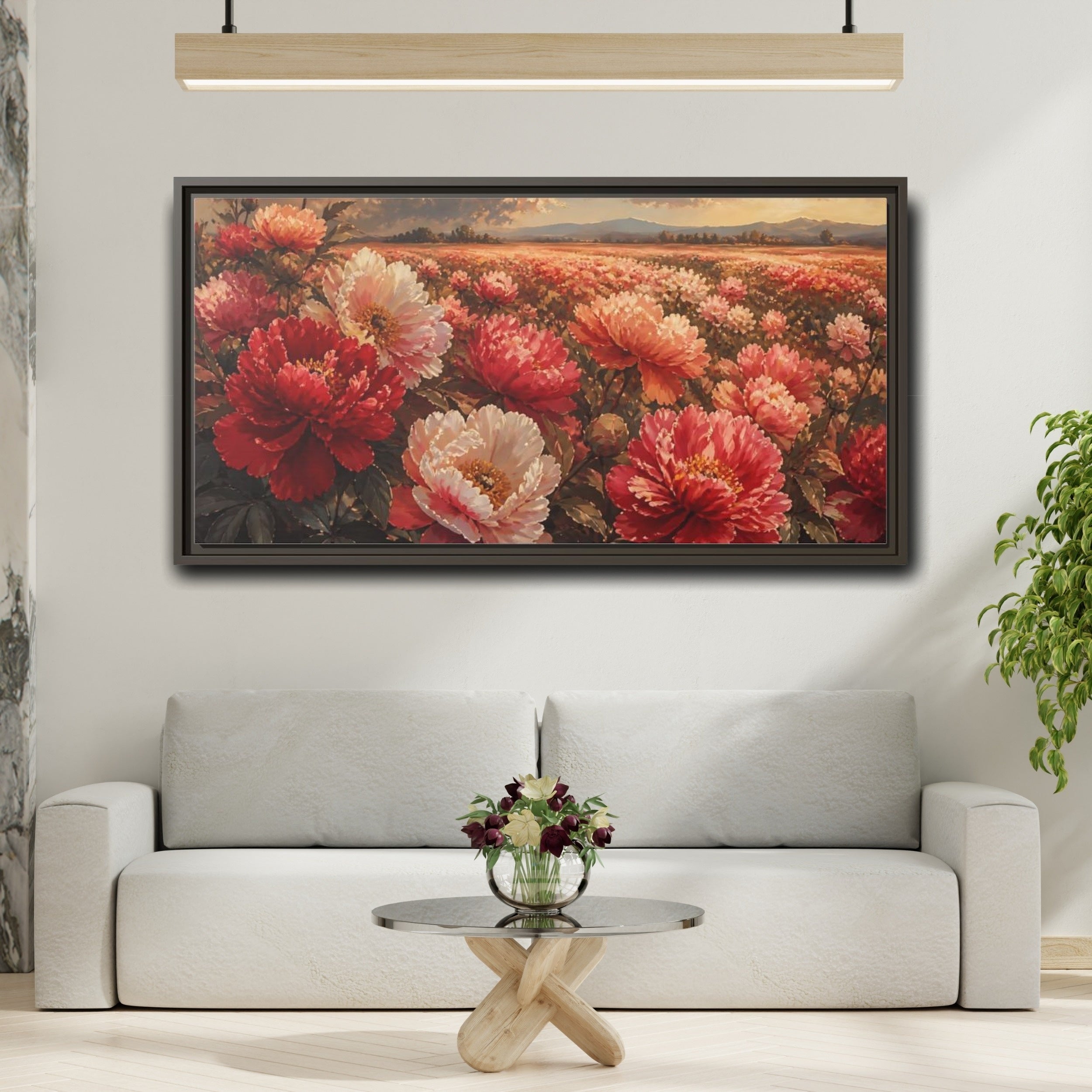 Mockup 2. Floral Peonies Red Pink Peonies shown as stretched canvas wall art