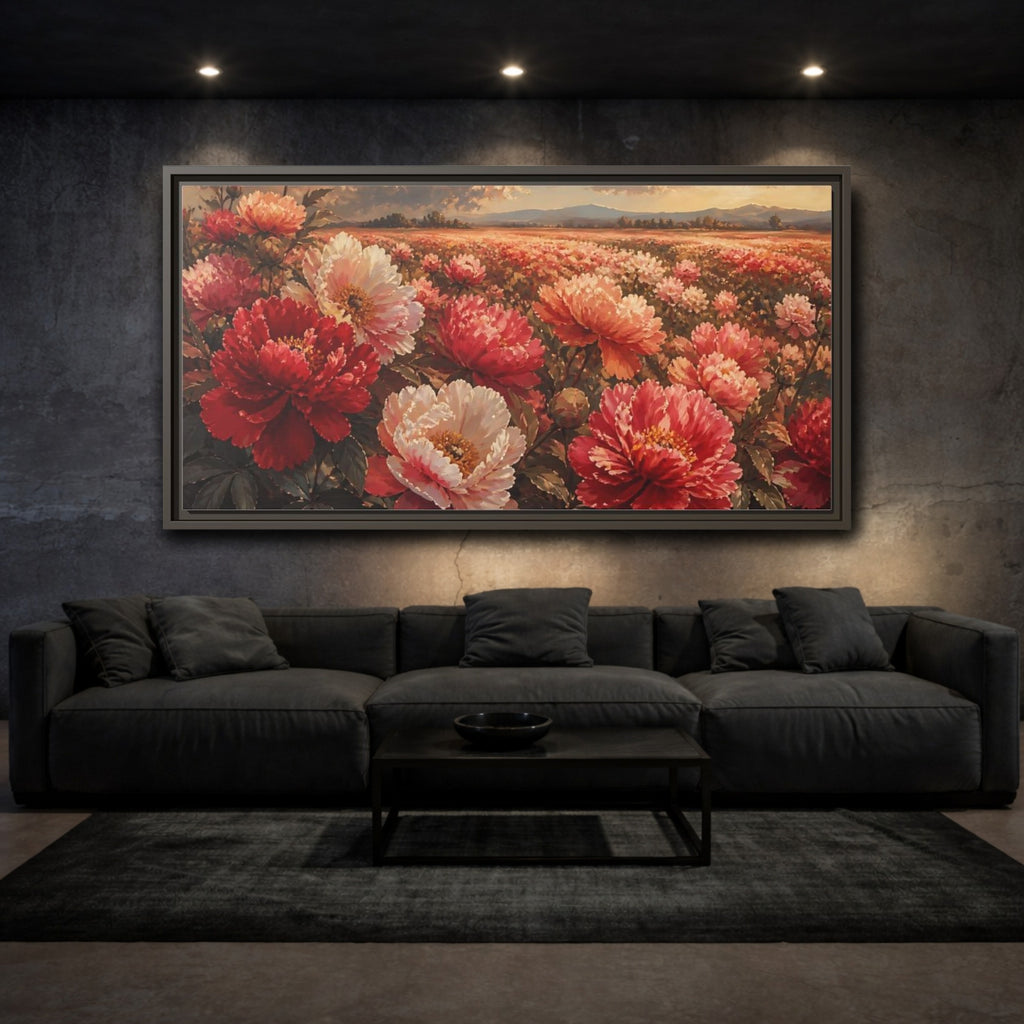 Mockup 3. Floral Peonies Red Pink Peonies shown as stretched canvas wall art