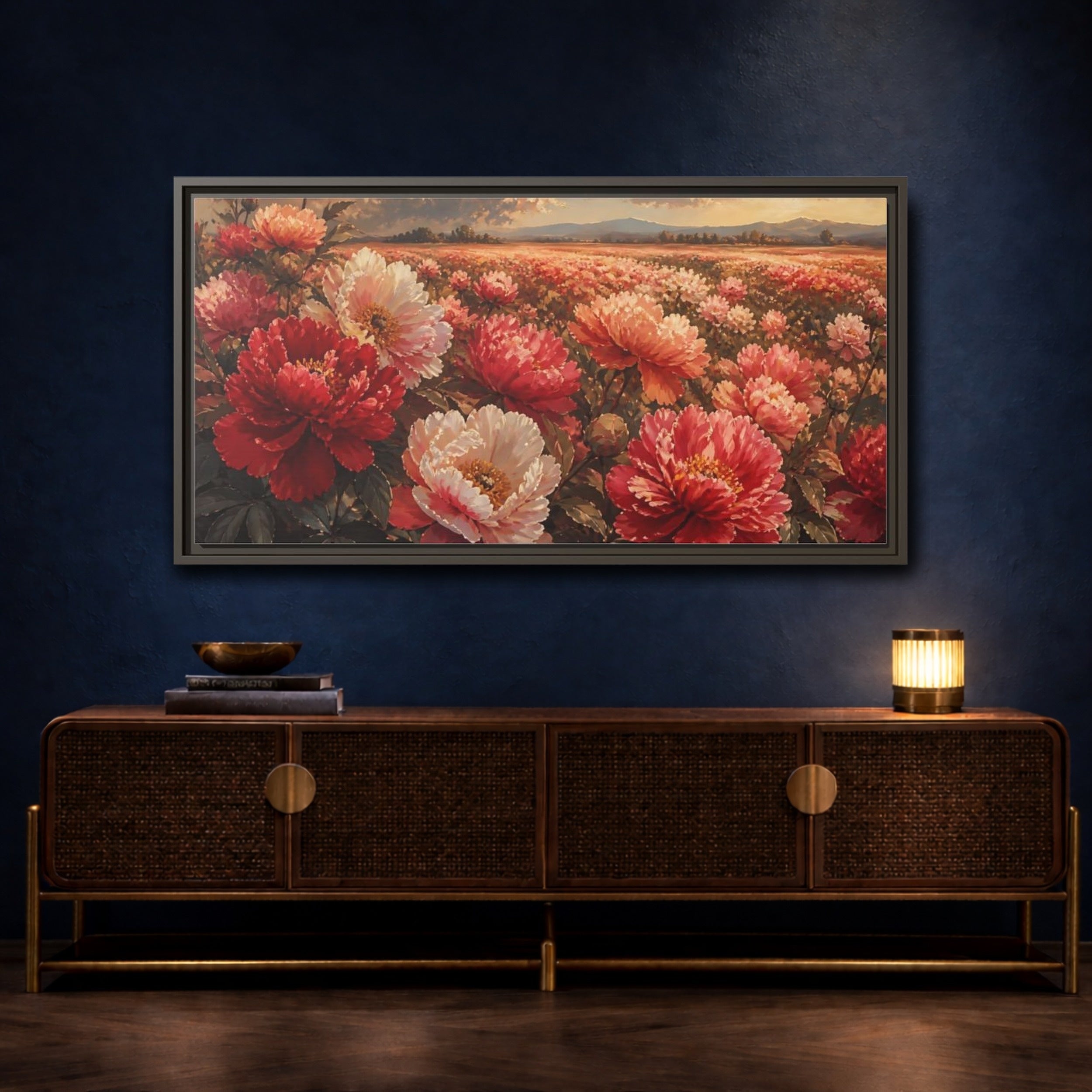 Mockup 4. Floral Peonies Red Pink Peonies shown as stretched canvas wall art