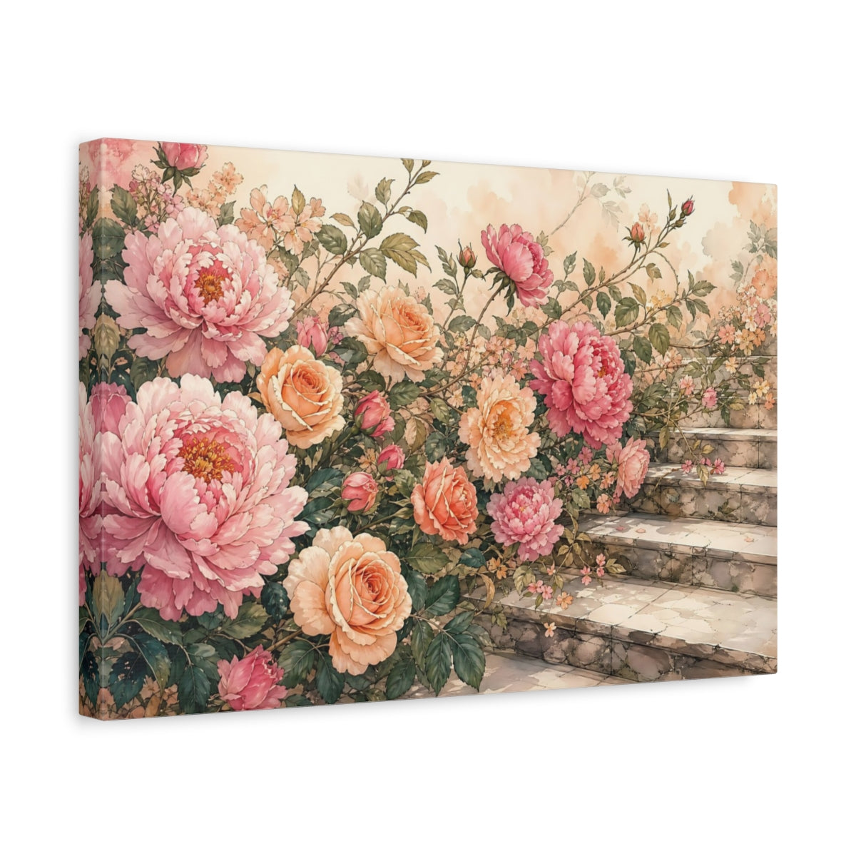 Side Mockup 4. Floral Peonies, Roses Pink Peach Floral shown as stretched canvas wall art