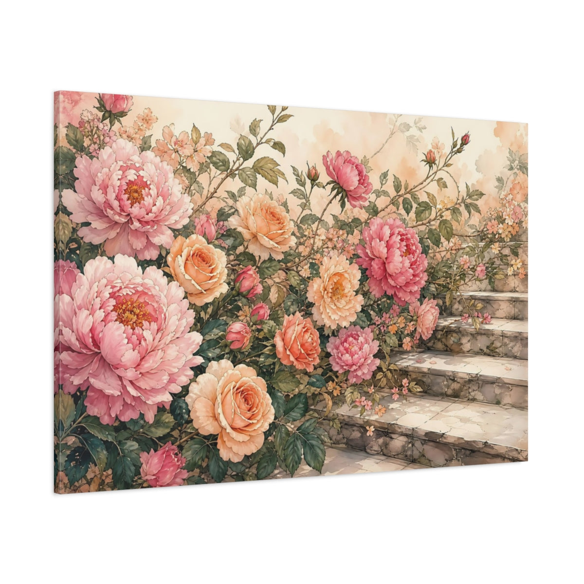 Side Mockup 1. Floral Peonies, Roses Pink Peach Floral shown as stretched canvas wall art